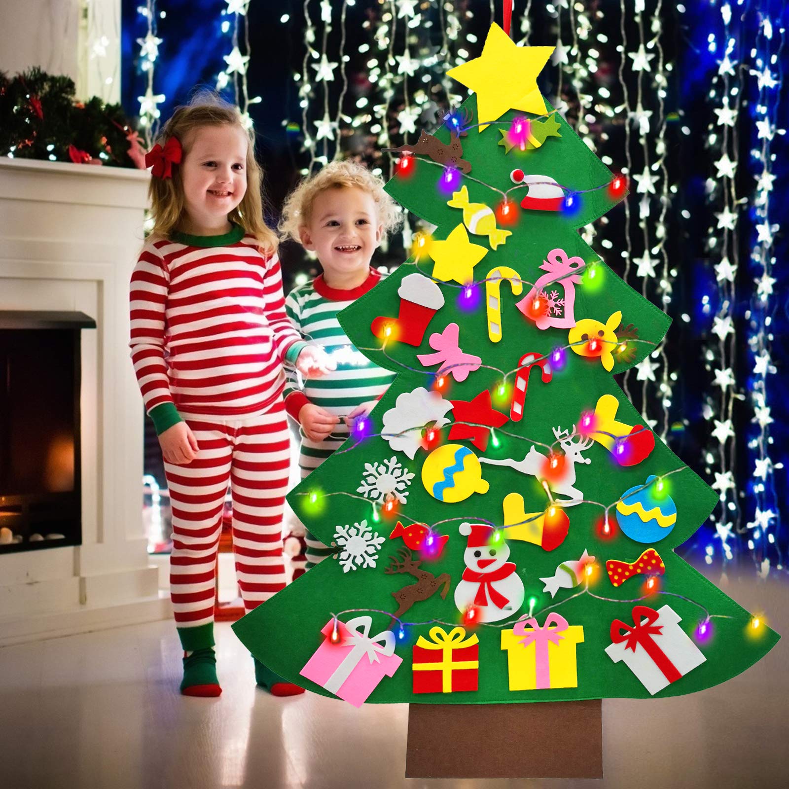 iGeeKid 4 Ft LED Felt Christmas Tree Kit for Toddlers - DIY Felt Xmas Craft with 30 Ornaments & 10ft Colorful String Lights - Wall Hanging Decor, Kids Holiday Gift, Classroom Party Supplies for Christmas
