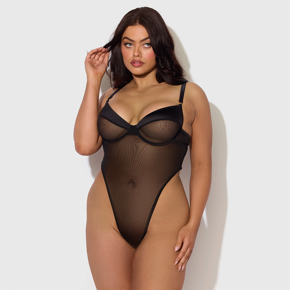 Raquel Sheer Mesh & Satin Strappy Back Teddy for Women - Plus Size Lingerie Set with Adjustable Straps | Perfect for Valentine's Day, Bridal Shower & Romantic Nights