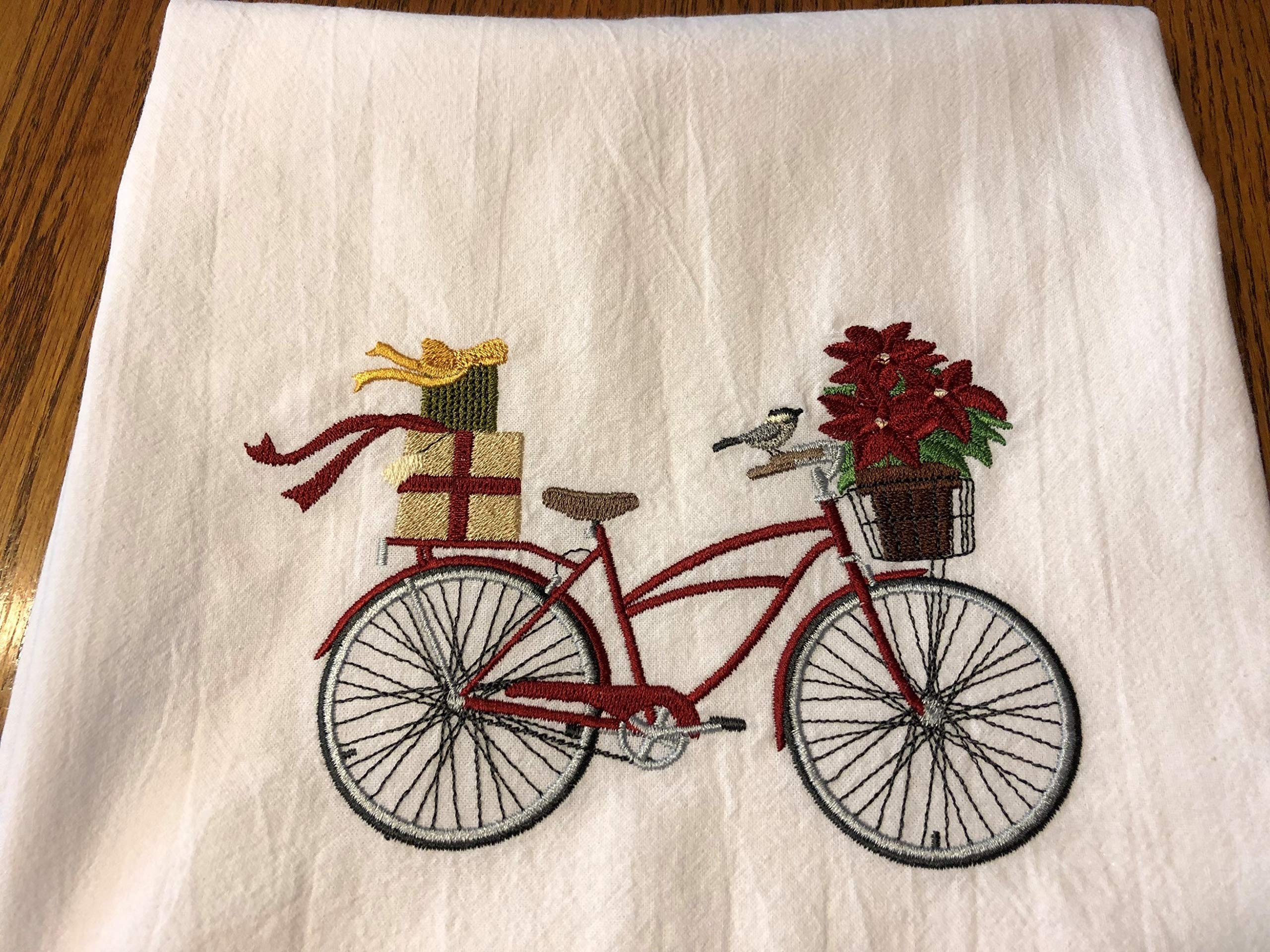 Embroidered Christmas Flour Sack Tea Towel - Dish Towel with Machine Embroidery for Holiday Kitchen Decor & Gift