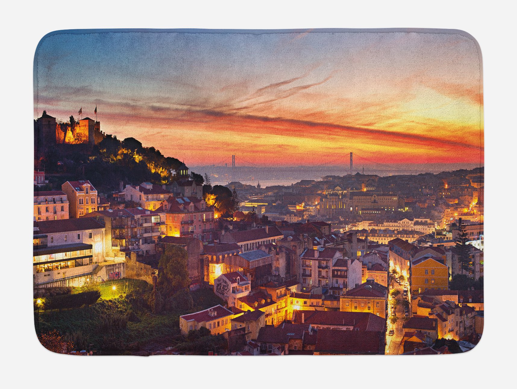 Ambesonne Lisbon Portugal Cityscape Bath Mat - Non-Slip Plush Bathroom Rug with Traditional Seaside Sunset Design, 30.2 x 20 Inches, Brown - Perfect for Coastal Themed Bathrooms & Home Decor