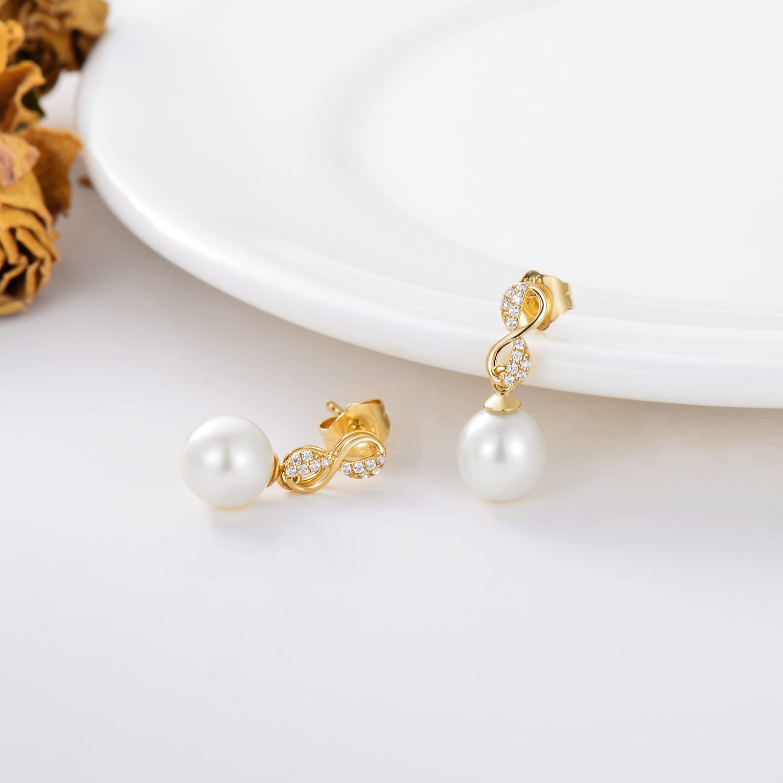 14K Gold Butterfly & Infinity Pearl Earrings for Women - Freshwater Cultured Pearl Stud Earrings, Anniversary Birthday Gift for Her, Girls, Mom, Wife - Perfect for Weddings, Date Nights & Special Occasions