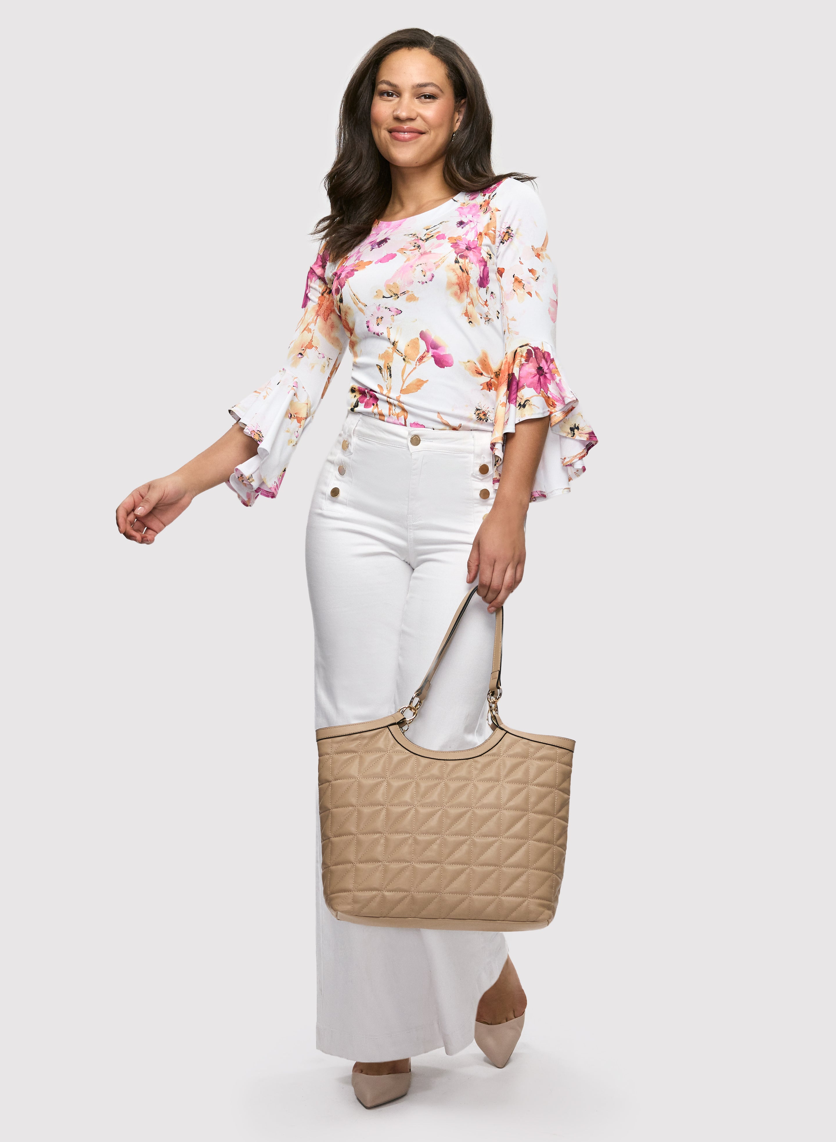 Floral Print Bell Sleeve Blouse with Button Details & High Waist Wide Leg Jeans Set - Perfect for Spring Outfits, Date Nights and Casual Chic Looks
