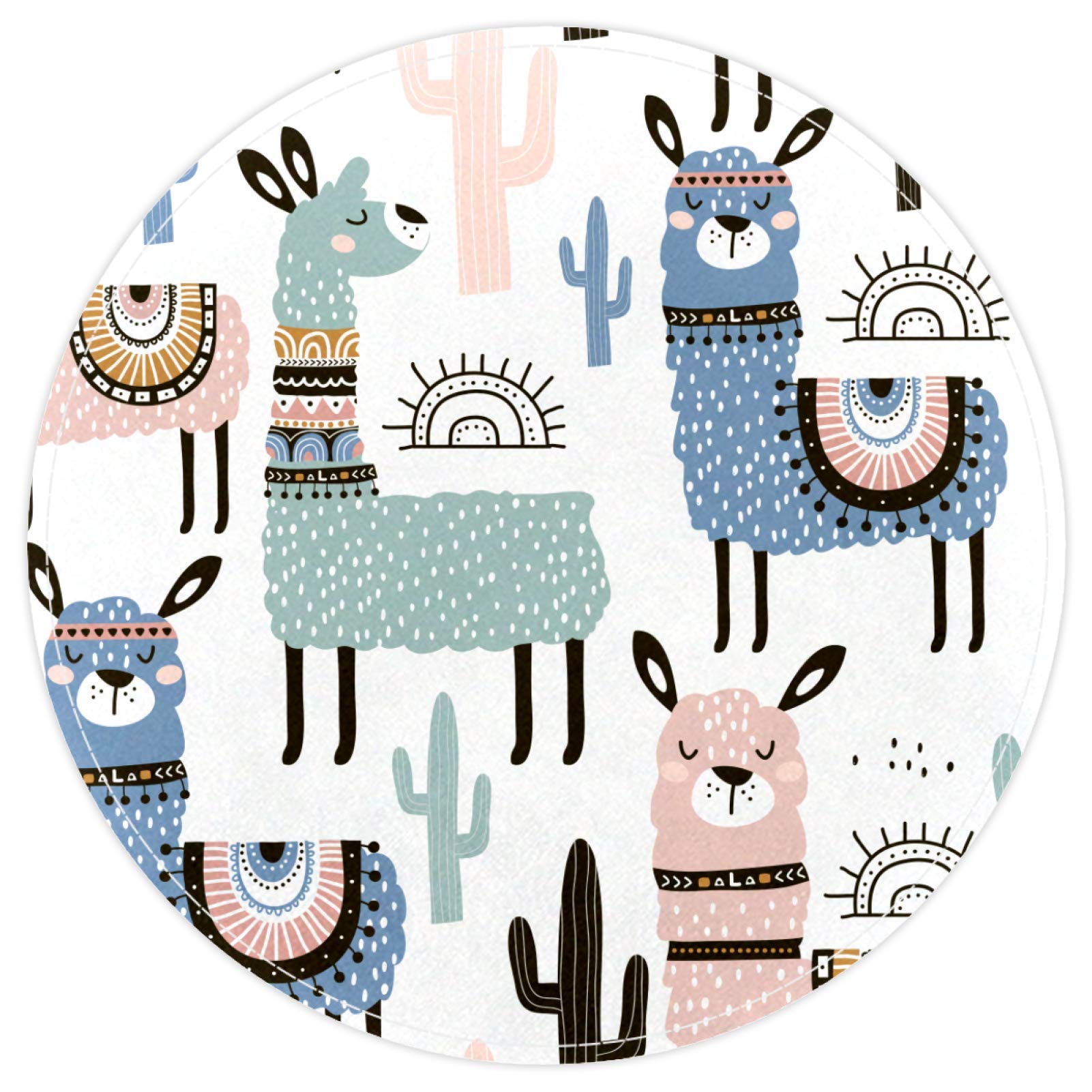 Non-Slip Round Bathroom Rug - Cute Llama Alpaca Cactus Pattern Soft Floor Mat, Washable Anti-Skid Bath Rug for Shower, Tub, Living Room & Door Mats (15.7x15.7 Inches) - Perfect for Bathroom Safety and Cozy Home Decor