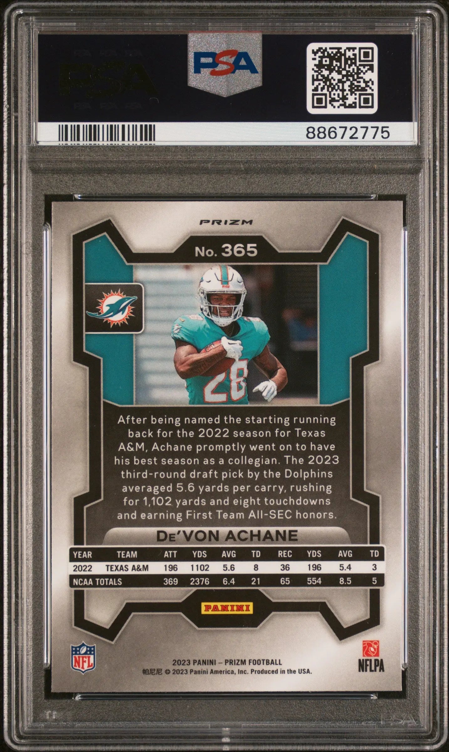 2023 Panini Prizm Football De'von Achane Rookie Card Snakeskin Parallel PSA 10 Gem Mint - Rare Collectible for Sports Memorabilia & Investment