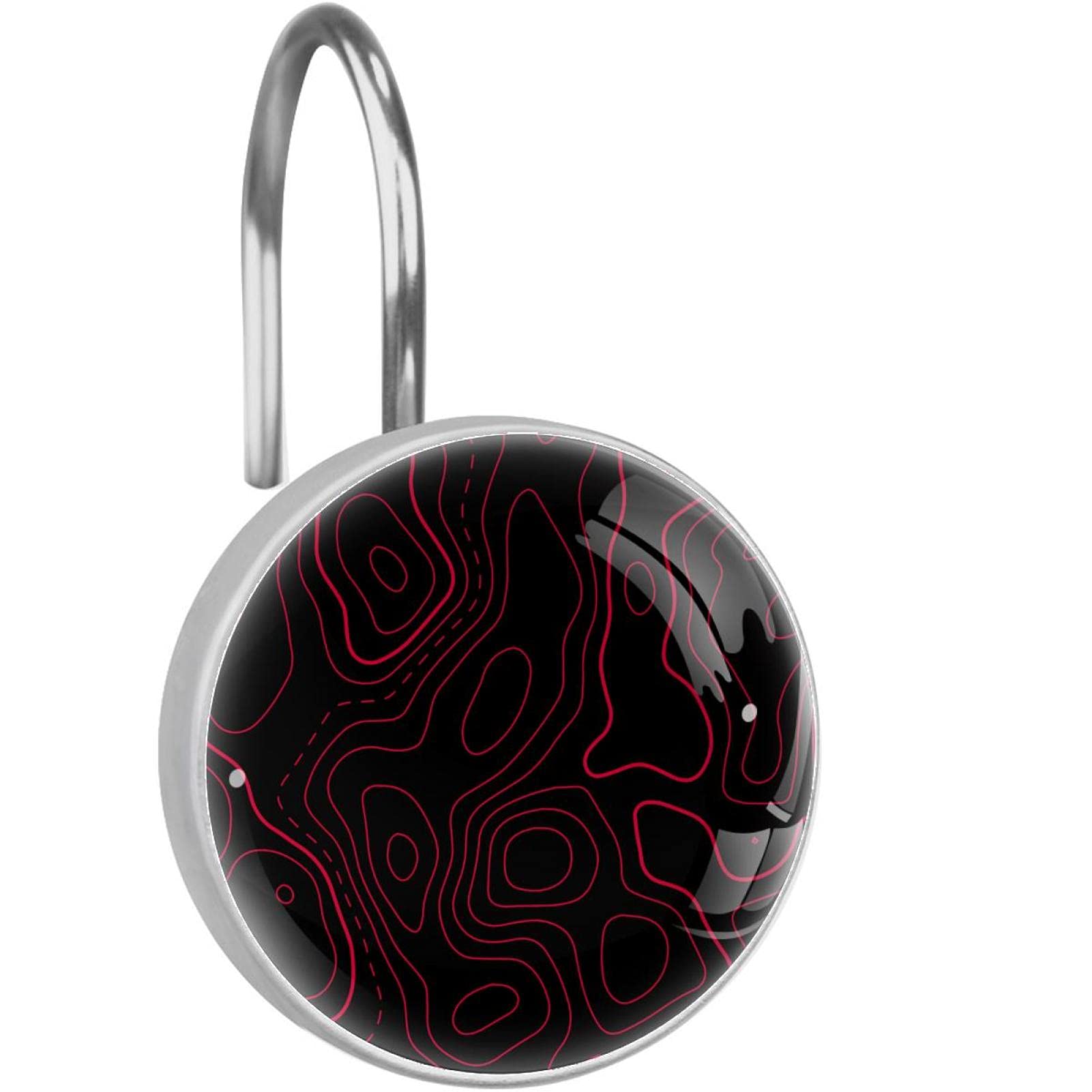 Topographic Map Design Shower Curtain Hooks - 12 Pack Red Bathroom Decor Hooks for Modern Bathroom & Spa Style Decoration