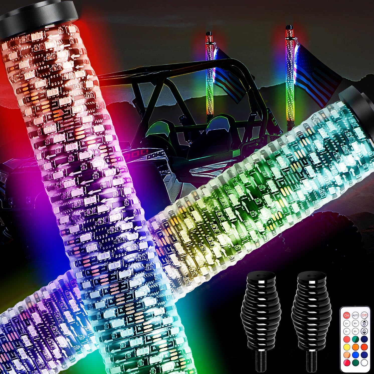 LOYO Spiral RGB Chasing Fat Whip Lights with Flags - Bluetooth APP & Remote Control for Cars, Trucks, Motorcycles | Perfect for Night Rides, Car Shows & Outdoor Parties