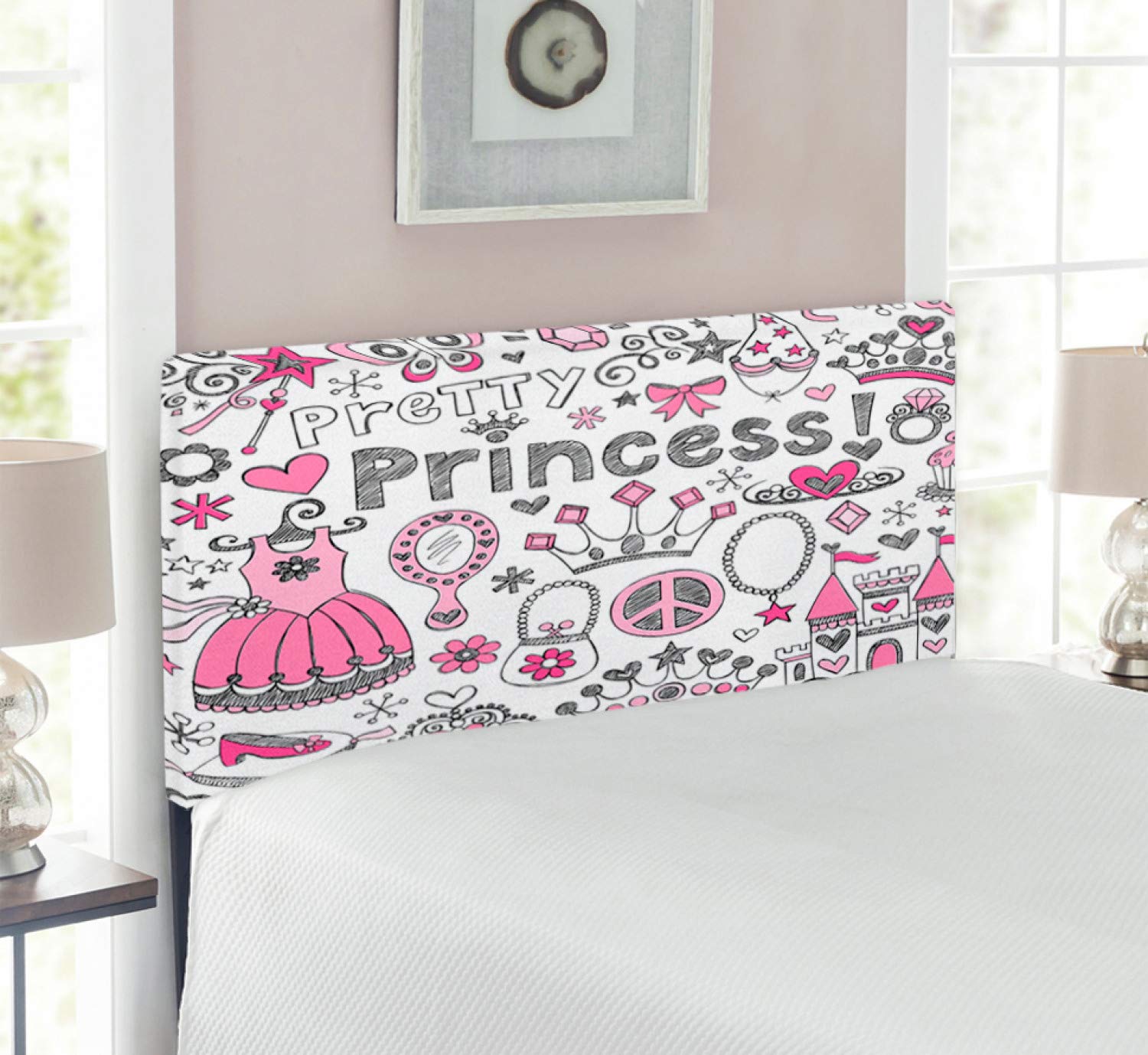 Ambesonne Cartoon Headboard - Tale Cartoon Tiara Crown Notebook Doodle Design Sketch Illustration - Upholstered Decorative Metal Bed Headboard with Memory Foam - Twin Size - Grey Pink White - Perfect for Kids' Bedrooms, Dorm Rooms & Themed Decor