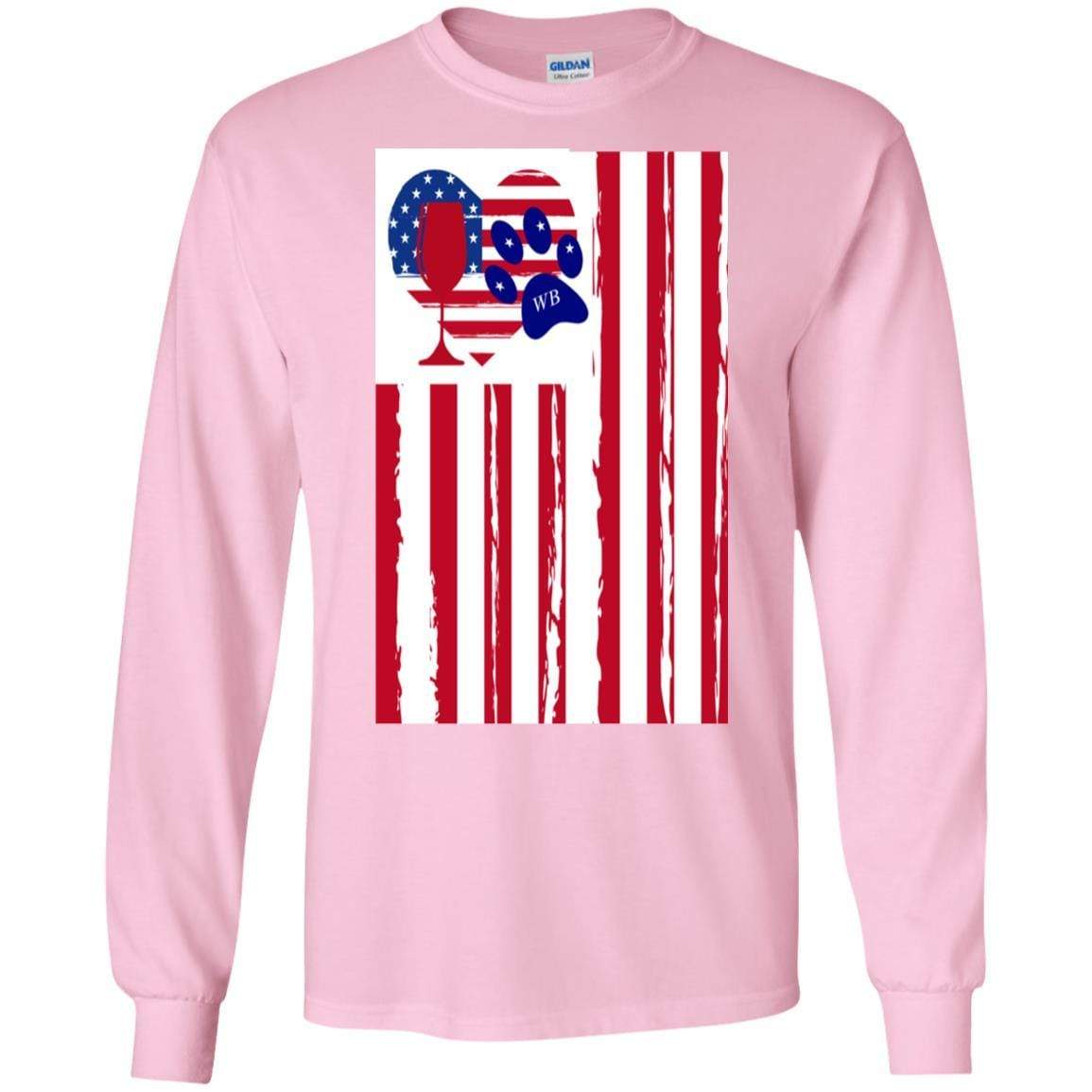 WineyBitches.Co Patriotic American Flag Wine Paw Heart Long Sleeve Ultra Soft Cotton T-Shirt for Women | Perfect for Wine Lovers, 4th of July & Pet-Themed Parties