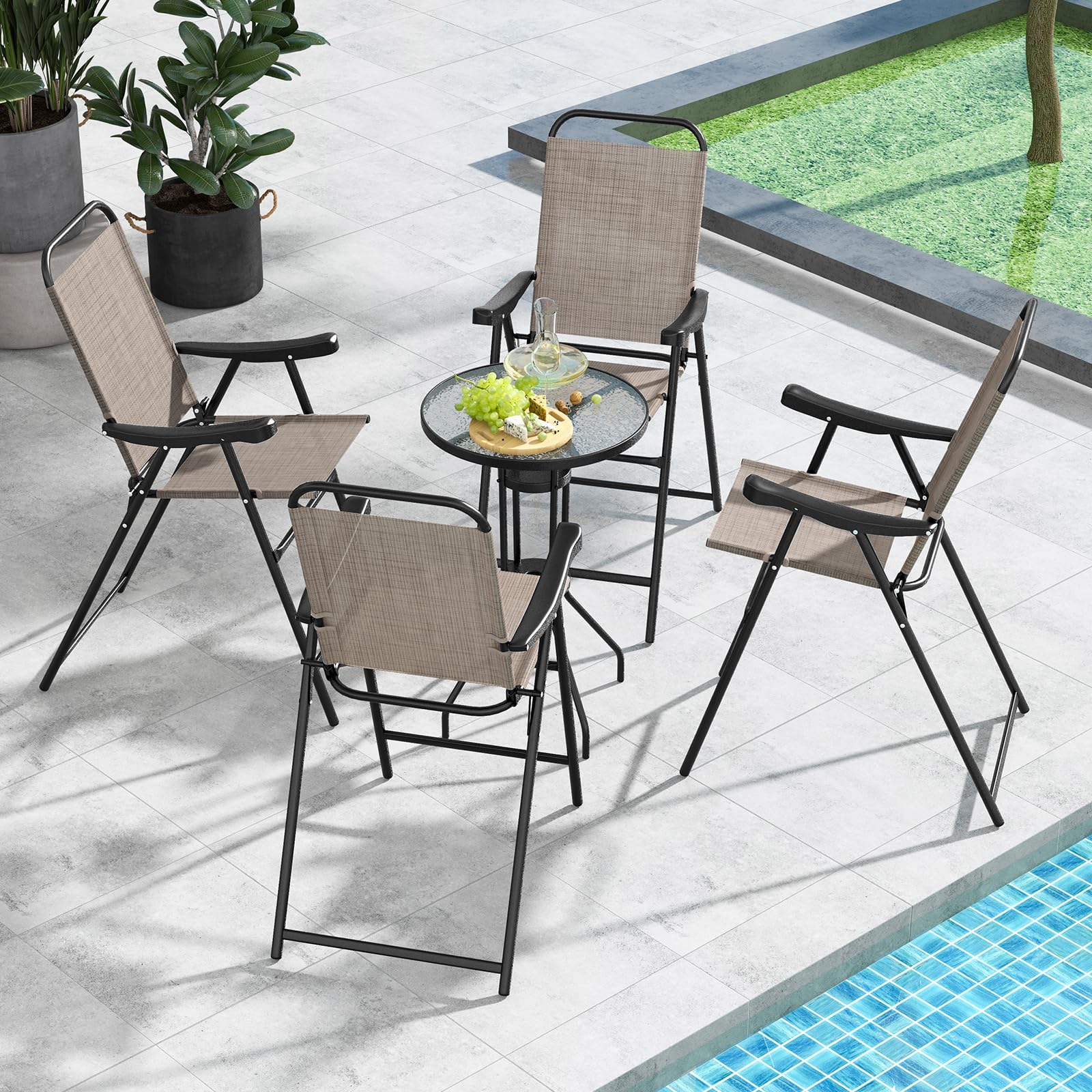 COSTWAY 4-Piece Patio Folding Bar Chair Set - Metal Frame High Top Outdoor Bar Stools with Footrest - Weather-Resistant for Balcony, Garden, Poolside & Coffee Shop Use