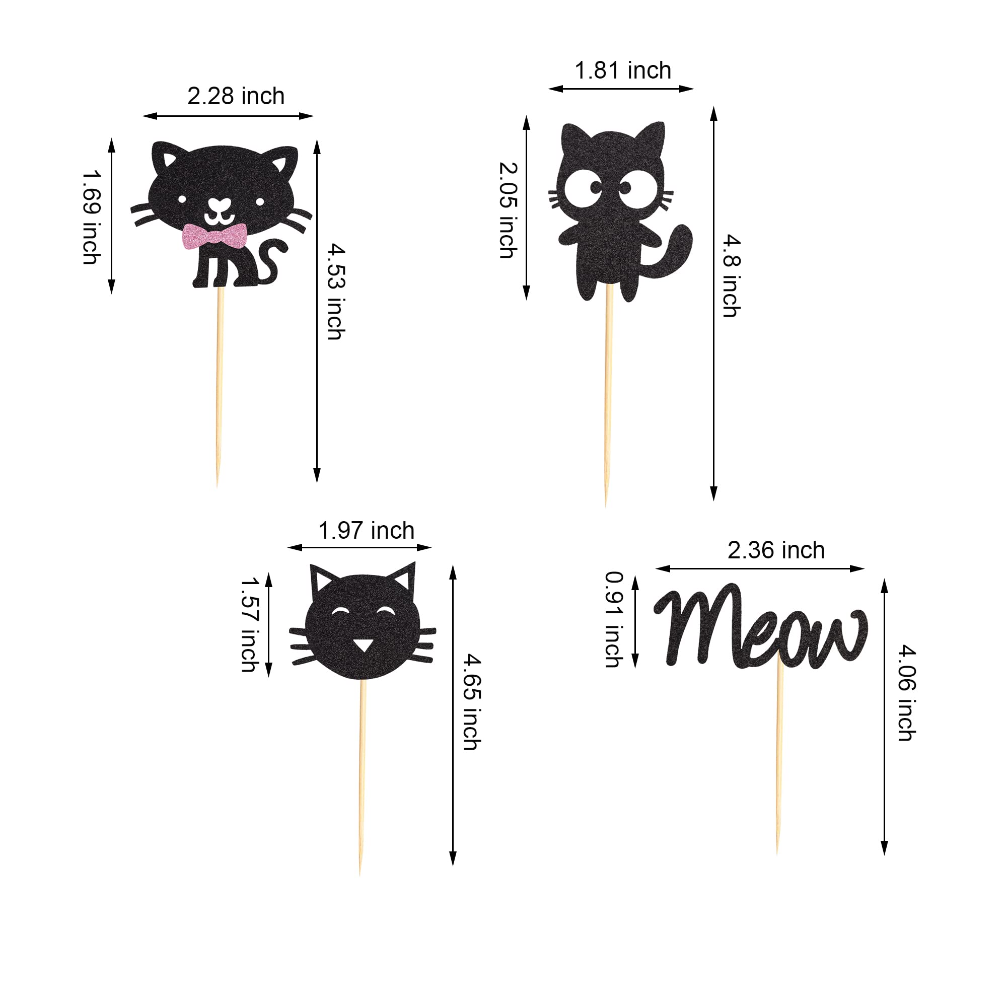 24Pcs Cat Cupcake Toppers - Kitten & Meow Food Picks for Cat Lovers - Black Glitter Cake Decorations for Baby Shower, Kids Birthday, Wedding & Party Supplies - Perfect for Themed Celebrations and Dessert Displays
