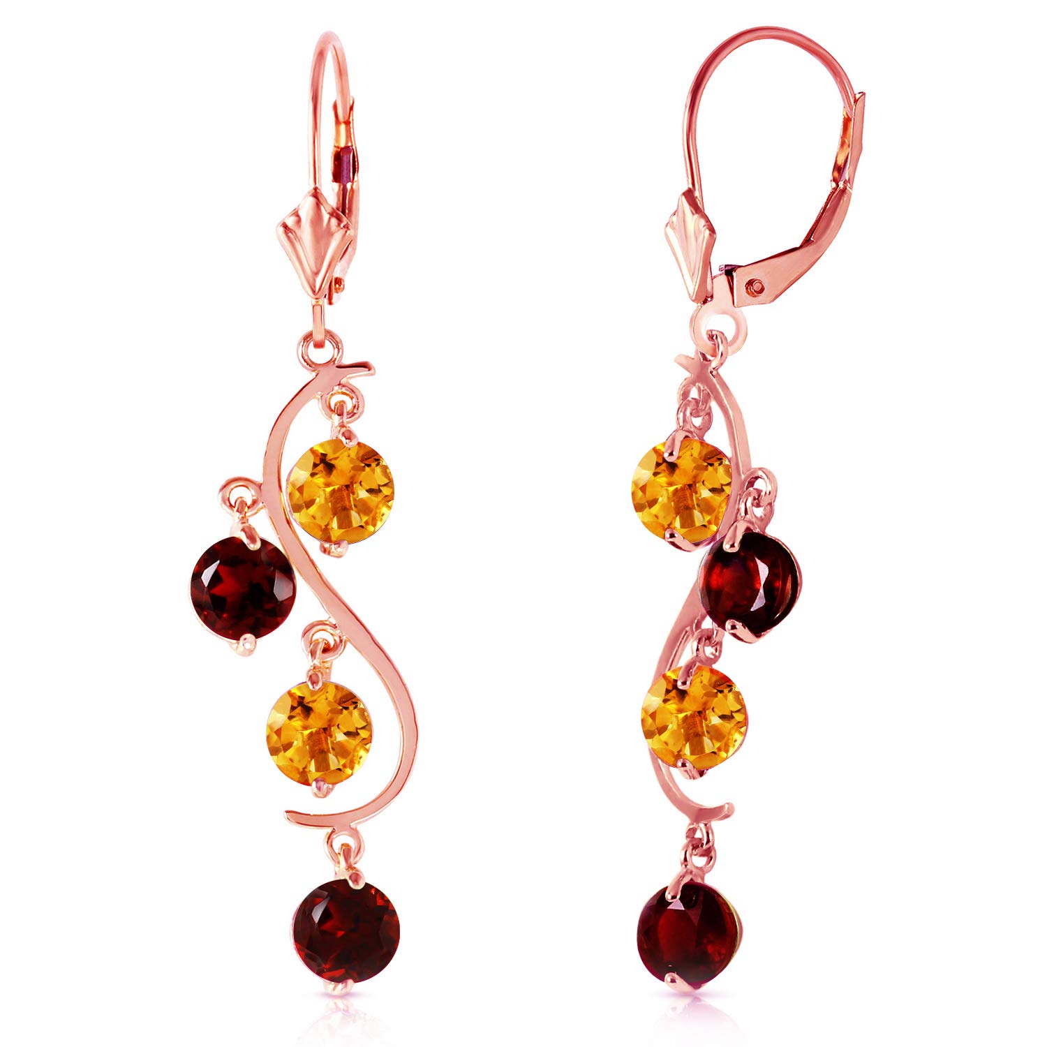 14K Rose Gold Chandelier Earrings with Garnet & Citrine Gemstones - Elegant Dangling Earrings for Women, Perfect for Weddings, Parties & Special Occasions