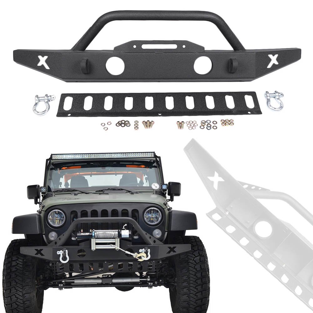 Jeep Wrangler JK 07-18 Front Bumper - Heavy Duty Rock Crawler Bumper with Skid Plate, Fog Light Holes, D-Rings & Winch Plate | Textured Black Finish | Off-Road, Trail Riding & Adventure Vehicle Protection
