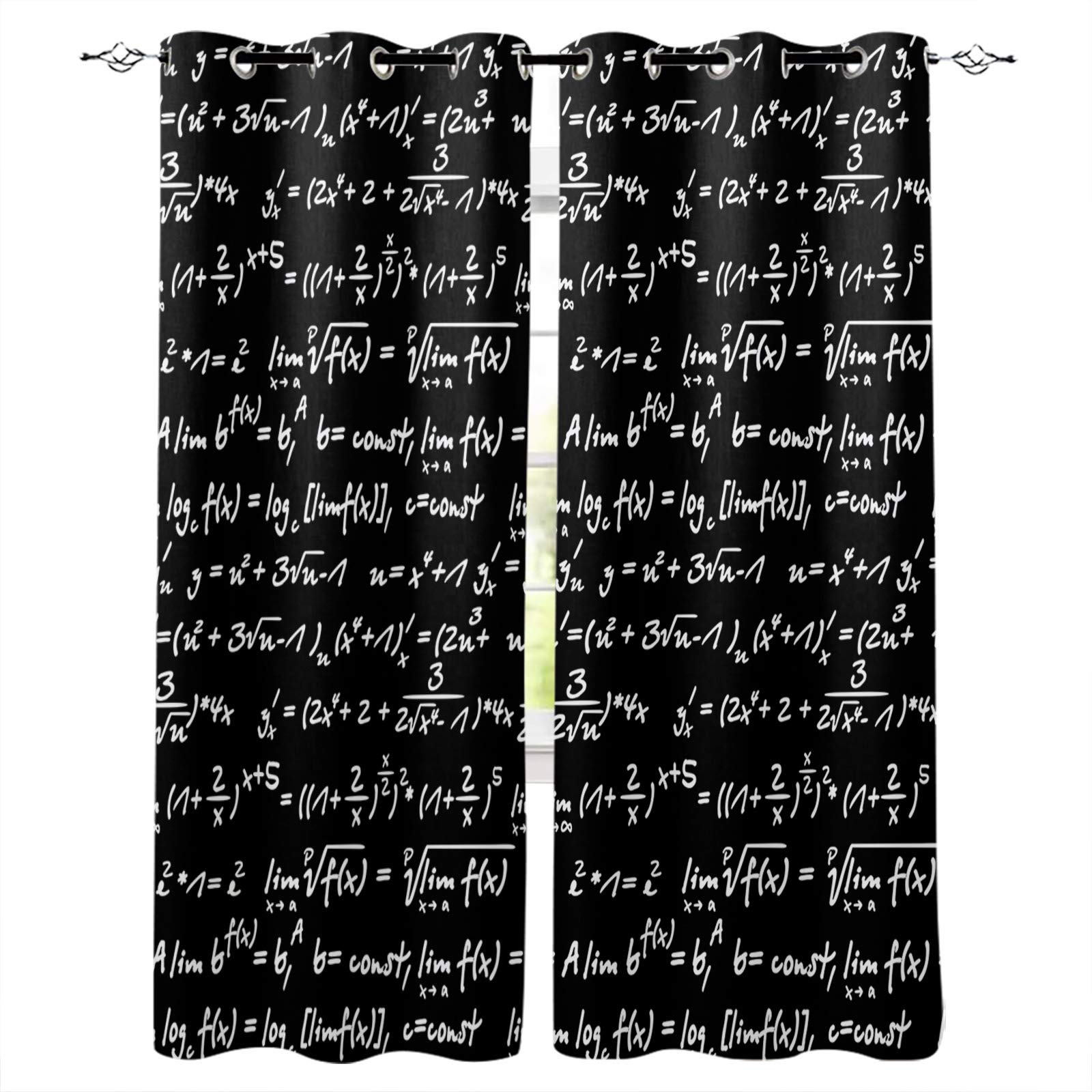 Blackout Curtains 2 Panels - Thermal Insulated Room Darkening Curtains for Bedroom, 52x72 Inch, Thick Soft Mathematical Equation Design in White & Black | Perfect for Home, Office & Nursery Light Blocking