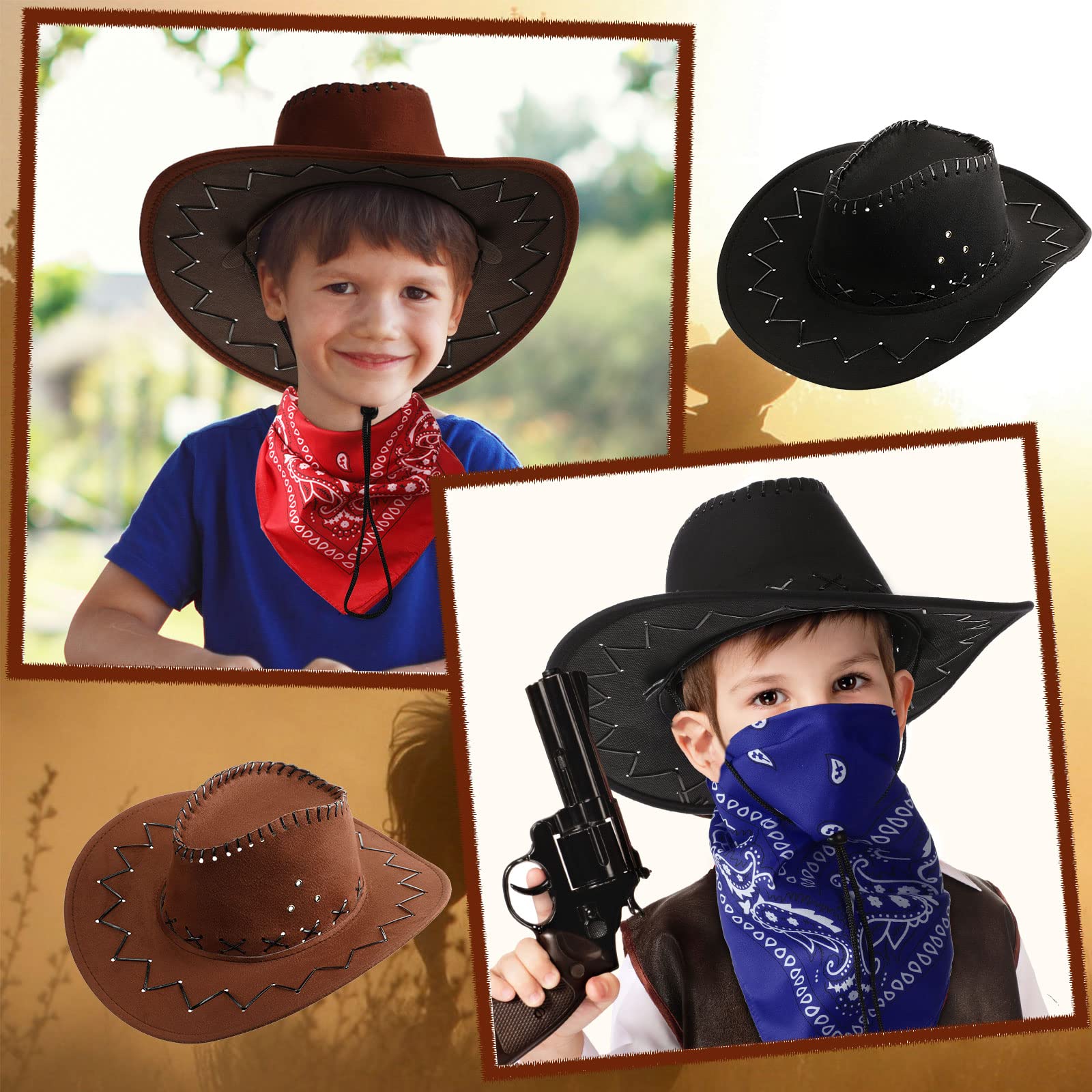 24 Pcs Cowboy Hats with Bandana - Western Party Hats for Cowboy Theme Party, Halloween Costume, Wild West Show & Rodeo Events - Bulk Pack for Kids & Adults