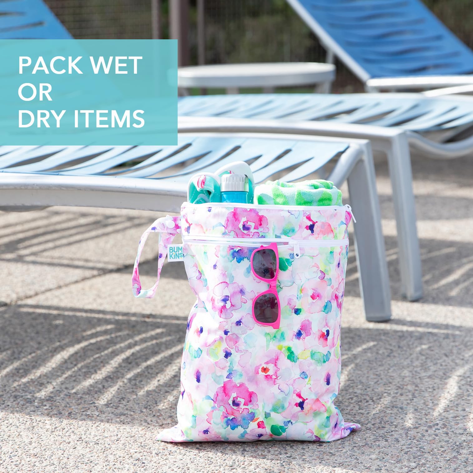 Bumkins Waterproof Wet Dry Bag - Reusable & Washable Travel Beach Pool Essentials for Diapers Swimsuits Gym Clothes - Perfect for Daycare Stroller Camping & Outdoor Activities - Watercolor Design