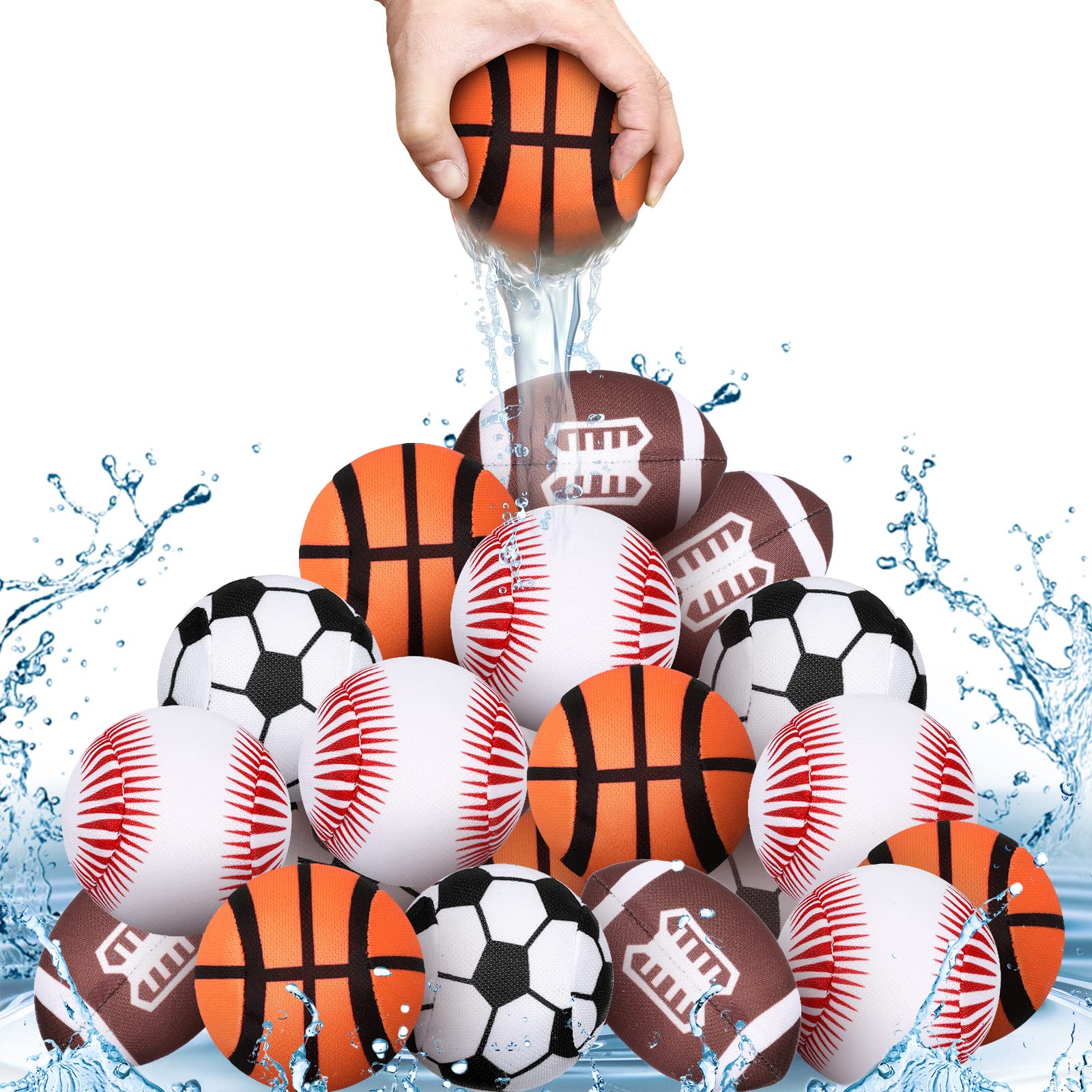 24-Pack Leyndo 2-Inch Water Absorbent Pool Balls - Soft Splash Toys for Swimming Pools, Beach Games & Kids Parties (Baseball, Football, Soccer Theme) - Perfect for Summer Water Play, Backyard Fun & Outdoor Activities