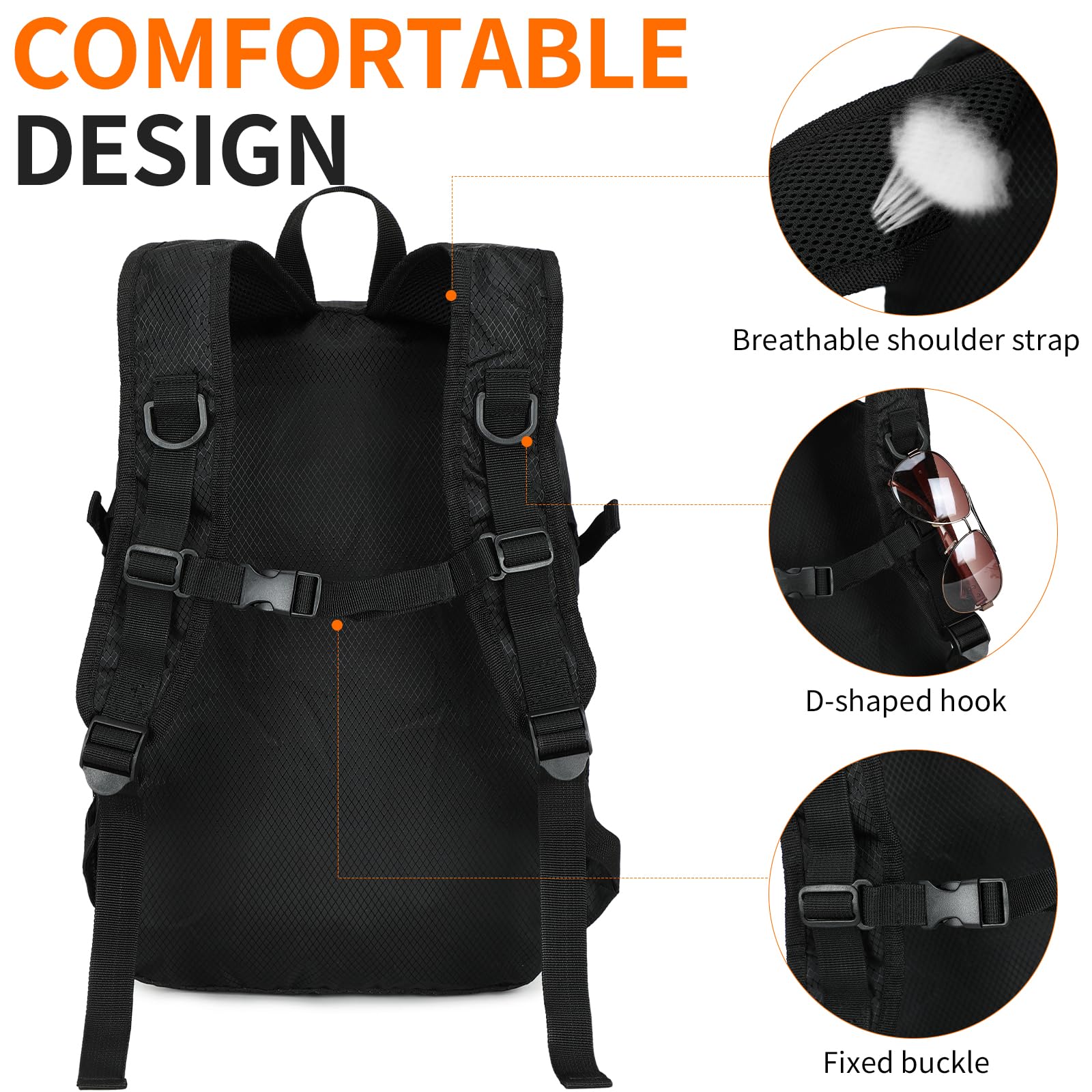 Lightweight Hiking Backpack Small - Waterproof & Foldable Daypack for Travel & Outdoor Adventures - Ultralight Compact Backpack for Hiking, Camping & Daily Use (Black)