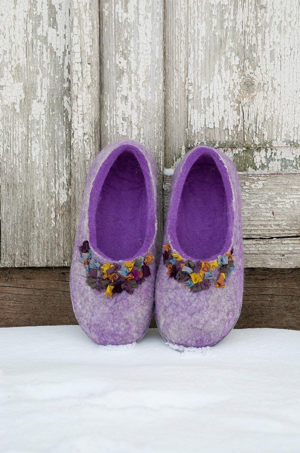 Handmade Women's Wool Slippers with Indian Silk Ribbons - Cozy Winter House Shoes for Women - Perfect Mother's Day Gift & Birthday Present for Her