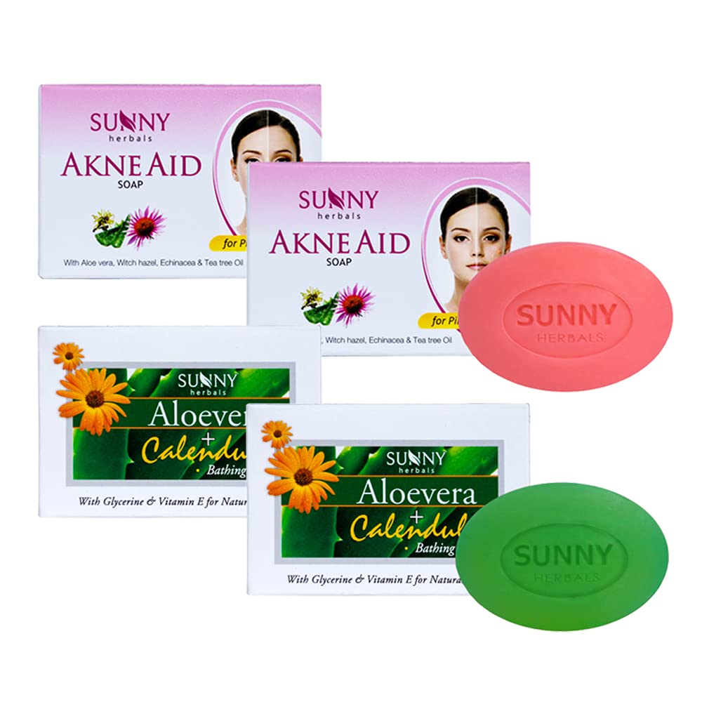 Natural Acne Treatment Soap with Aloe Vera & Calendula - Gentle Pimple Cleansing Bar for Women & Men | Pack of 4 (2 Acne Soap + 2 Aloe Vera Soap) | Perfect for Daily Face Wash & Sensitive Skin Care