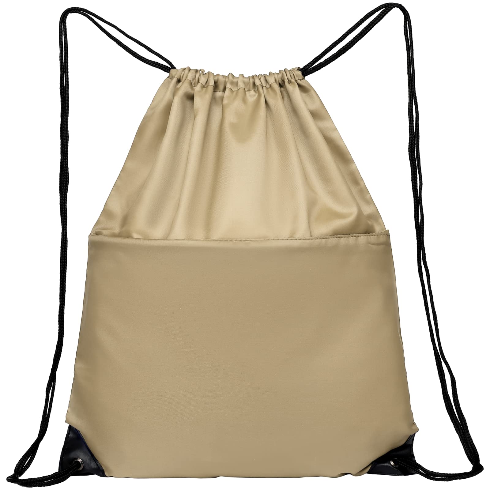 Lightweight 210D Nylon Drawstring Backpack with Zipper Side Pocket - Foldable Sports Gym Tote Bag for Men & Women (Khaki) - Perfect for Workouts, Travel, School & Outdoor Activities