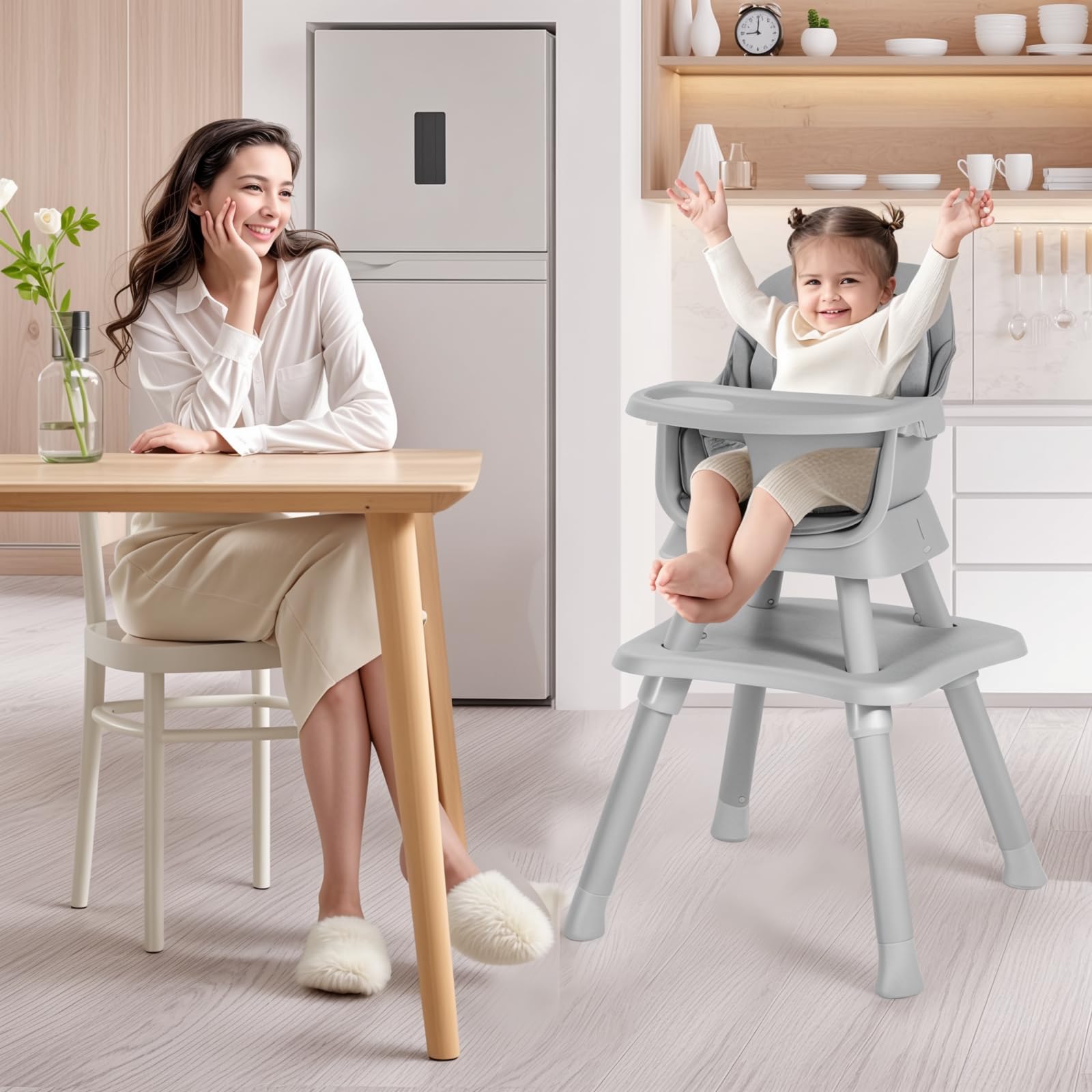 Kinder King 8-in-1 Convertible Baby High Chair - Dining Booster Seat, Kids Table & Chair Set, Toddler Building Block Table with Removable Tray & Washable Seat Covers (Grey & White) - Perfect for Mealtime, Playtime & Learning Activities at Home or Daycare