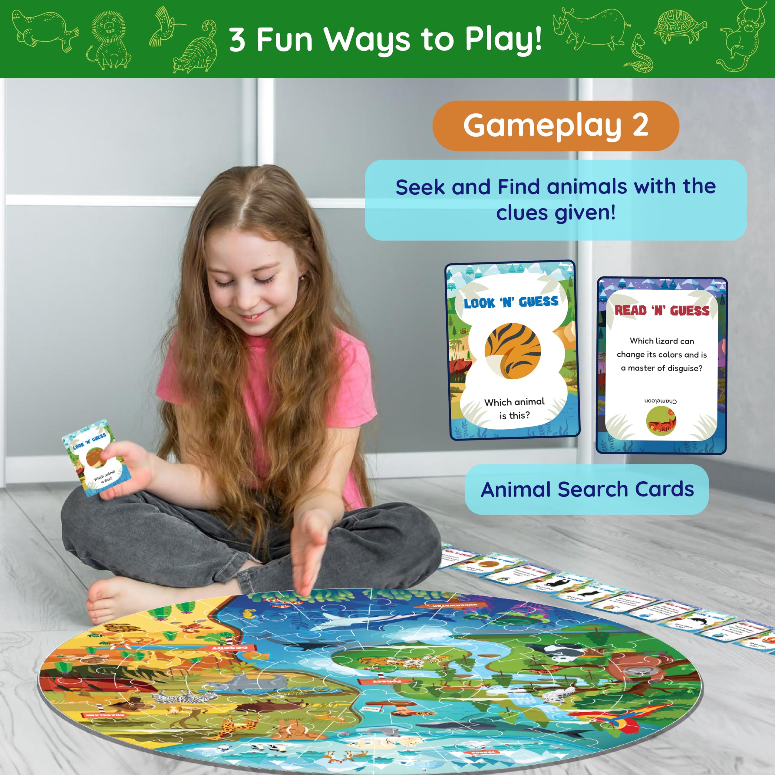 Jumbo 70-Piece Round Floor Puzzle for Kids Ages 3-8 - Large Educational Jigsaw Puzzle with Animal Safari Theme, Flash Cards & 3D Figures | Perfect Learning Gift for Toddlers & Preschoolers | Great for Classroom, Playroom & Family Game Night