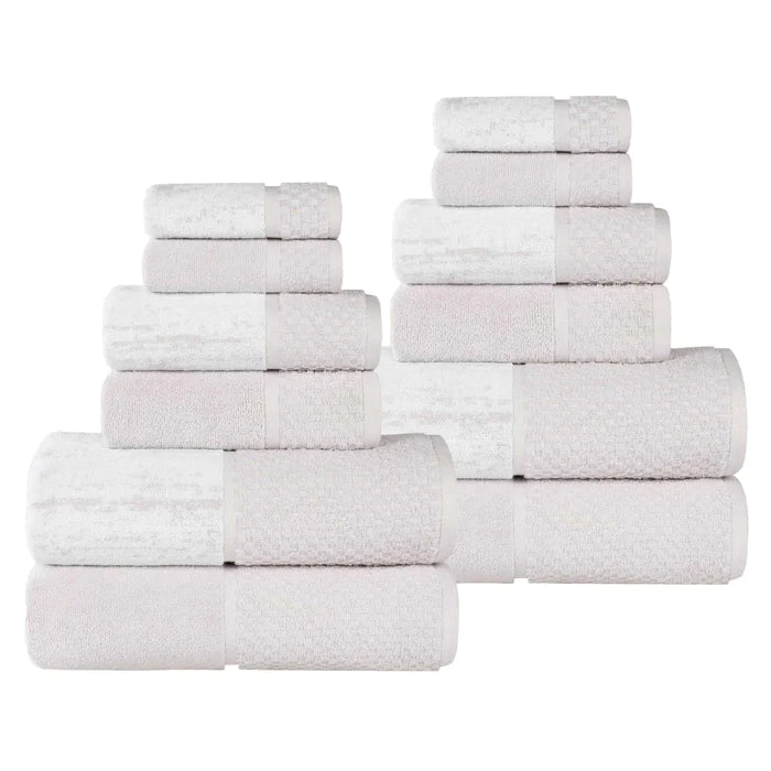 Premium 12-Piece Cotton Plush Jacquard Towel Set - Soft & Absorbent Solid & Two-Toned Bath Towels for Spa, Bathroom & Guest Use