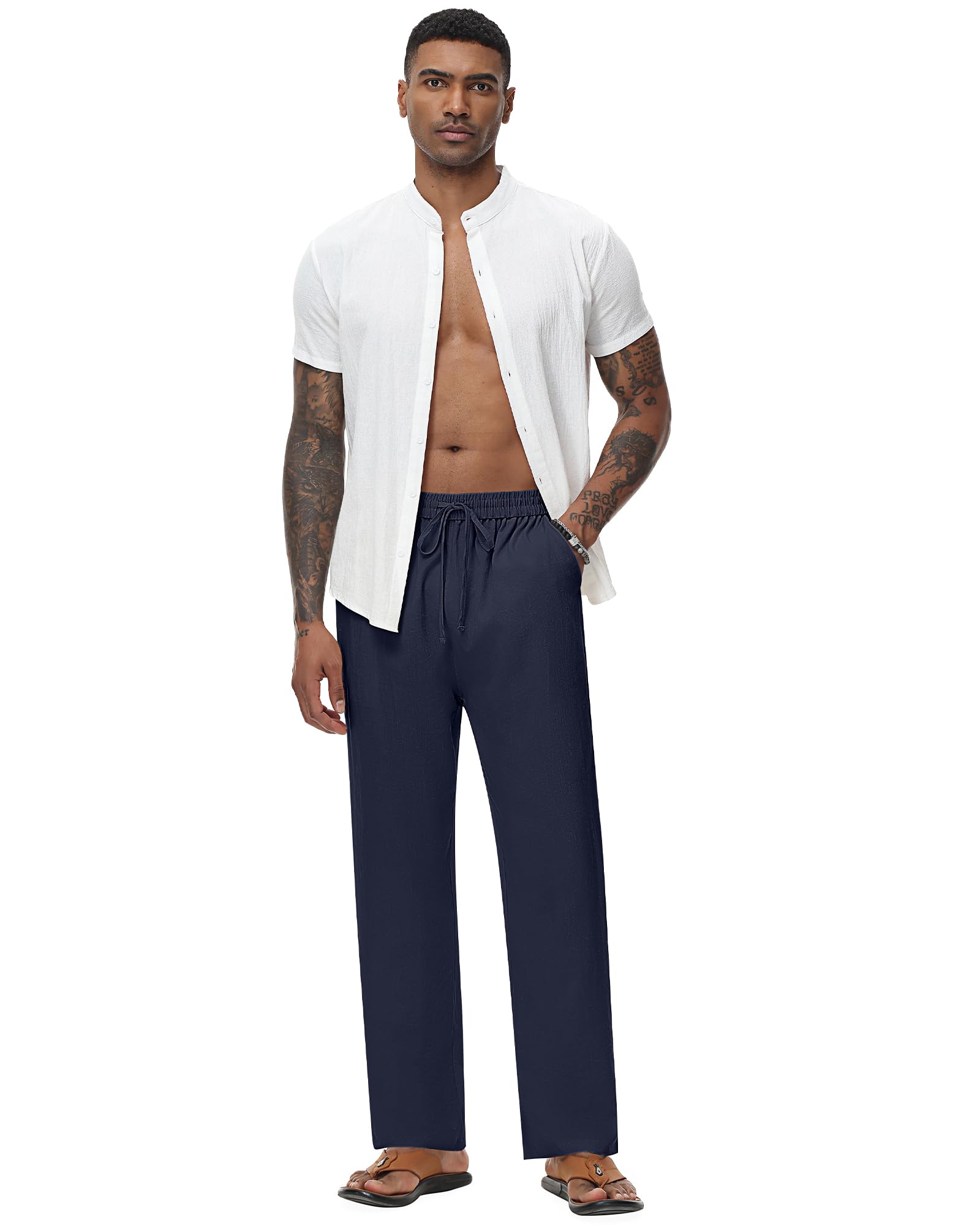2 Pack Men's Linen Pants - Lightweight Casual Pants with Elastic Waist & Pockets - Breathable Yoga Lounge Trousers for Summer Travel, Home Relaxation & Outdoor Activities