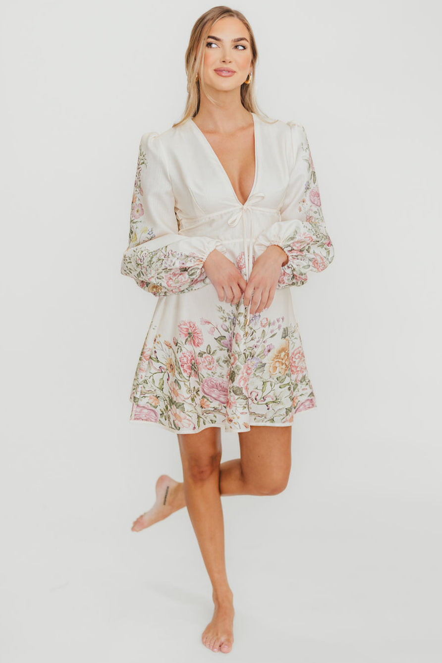 Luciana Floral Print Long Sleeve Mini Dress - Cream - Women's Elegant Party Cocktail Dress for Wedding, Date Night & Special Occasions