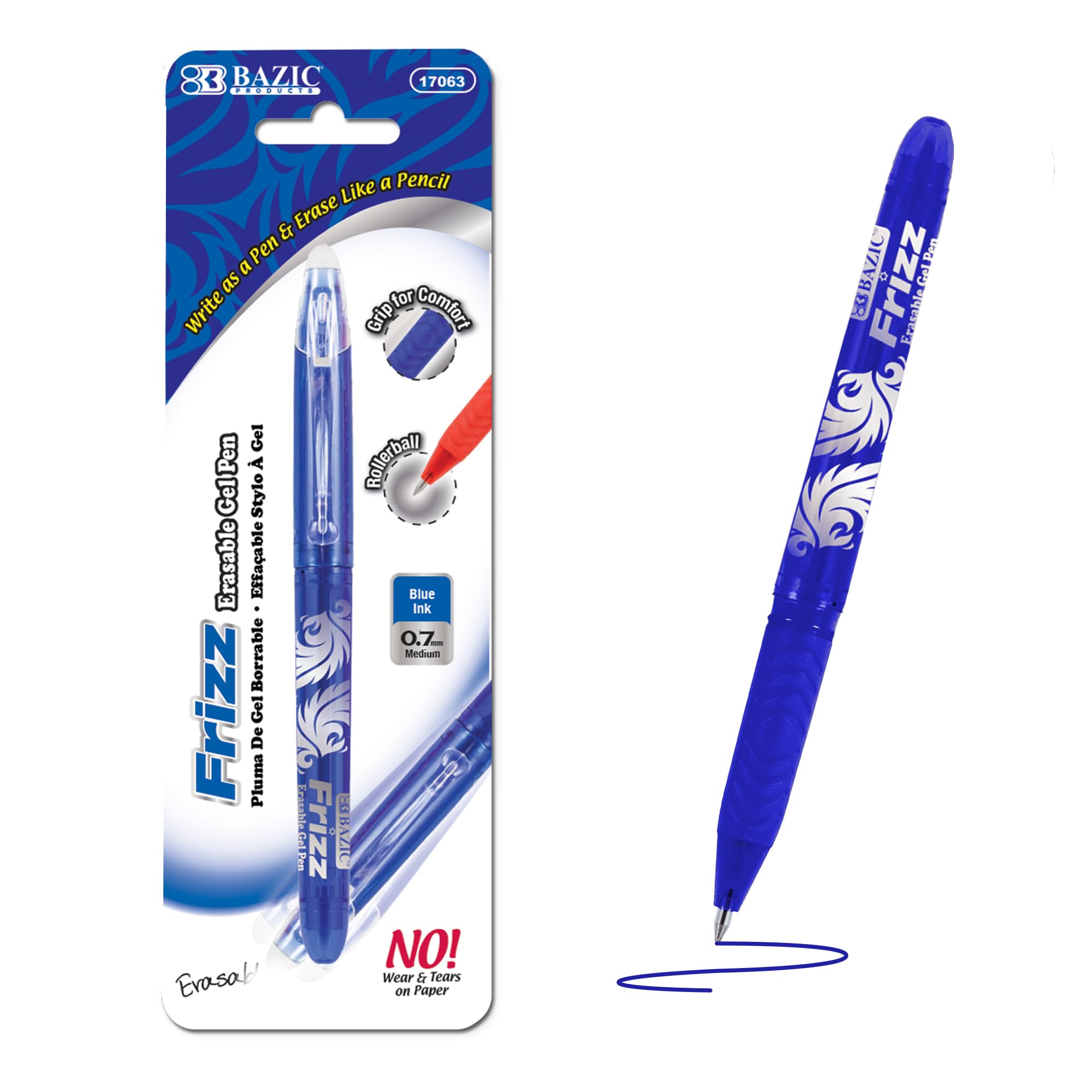 BAZIC Frizz Erasable Gel Pen 0.7mm Fine Point - Blue Ink Pens with Mistake Eraser, 144-Pack for Smooth Writing & Drawing | Perfect for School, Office, Note Taking & Gift Giving