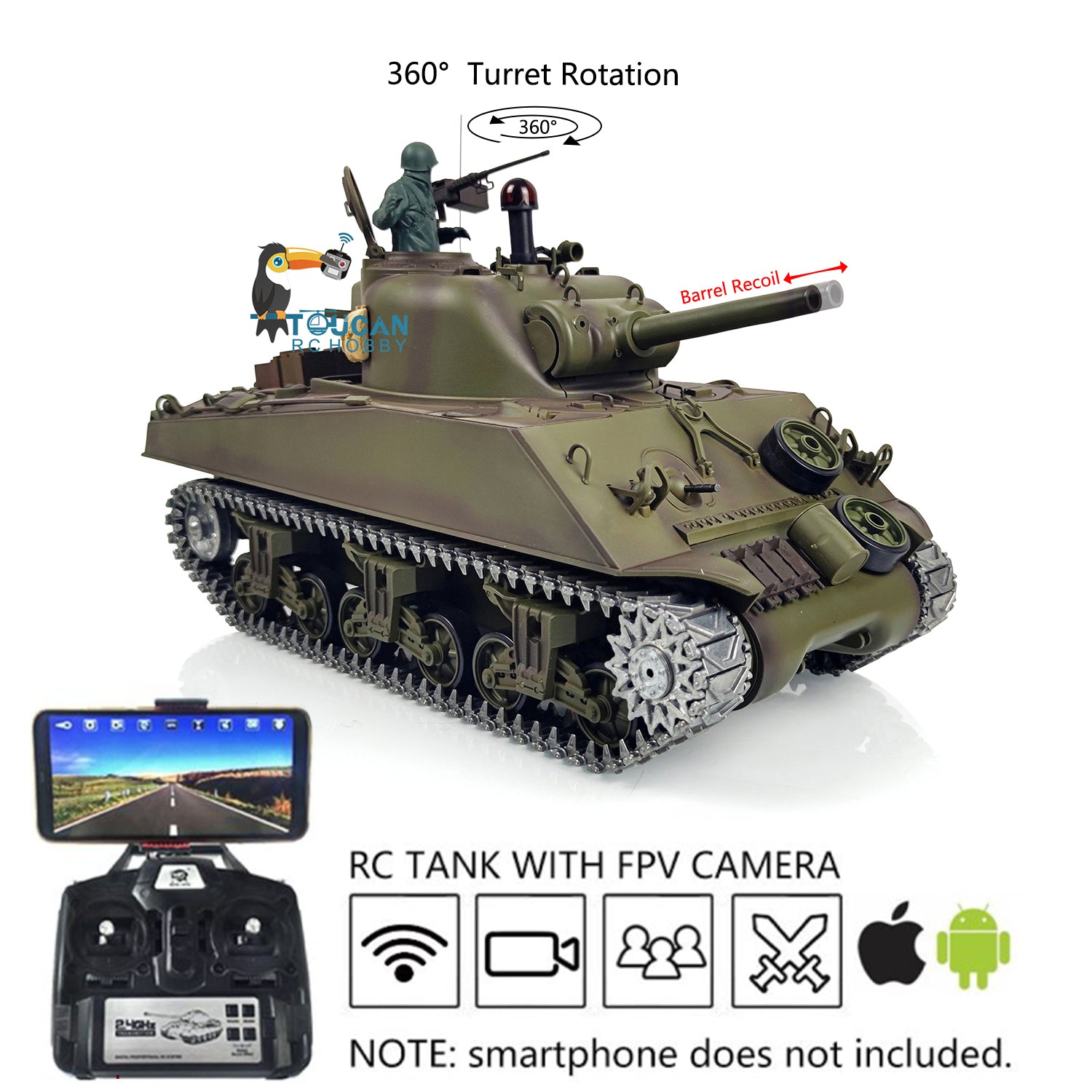Henglong 1/16 Scale FPV 7.0 M4A3 Sherman RTR RC Tank with 360° Rotating Turret, Barrel Recoil & Metal Tracks - Ready-to-Run Remote Control Military Vehicle with Engine Sound & FPV Camera for Adults & Collectors - Perfect for Battle Reenactments, Outdoor Play & RC Hobbyists