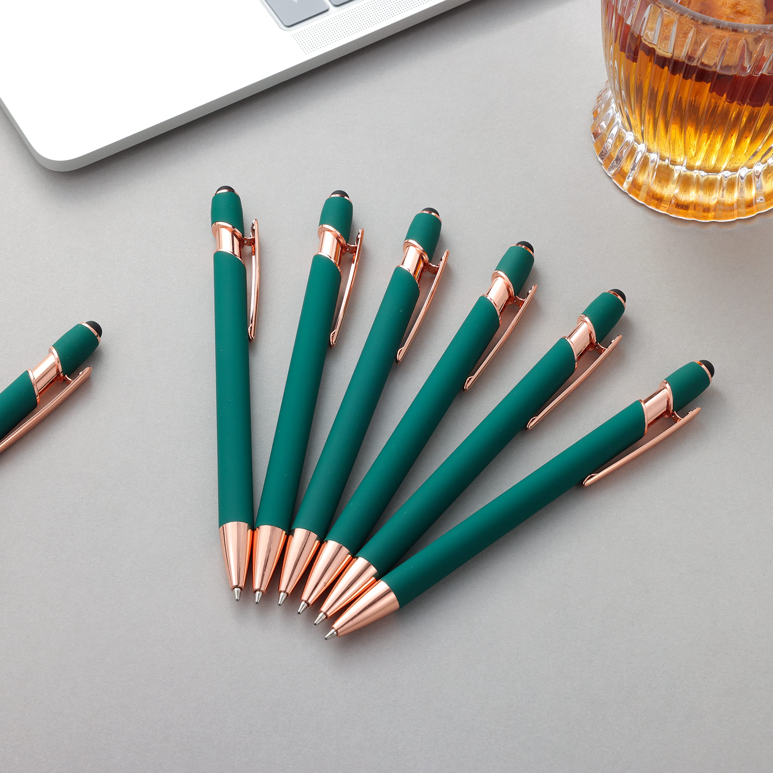 12-Pack 2-in-1 Stylus Ballpoint Pens with 1.0mm Black Ink - Rose Gold & Green Metal Touch Screen Pens with 12 Refills - Perfect for iPad, Tablet, Smartphone Note-Taking & Digital Art