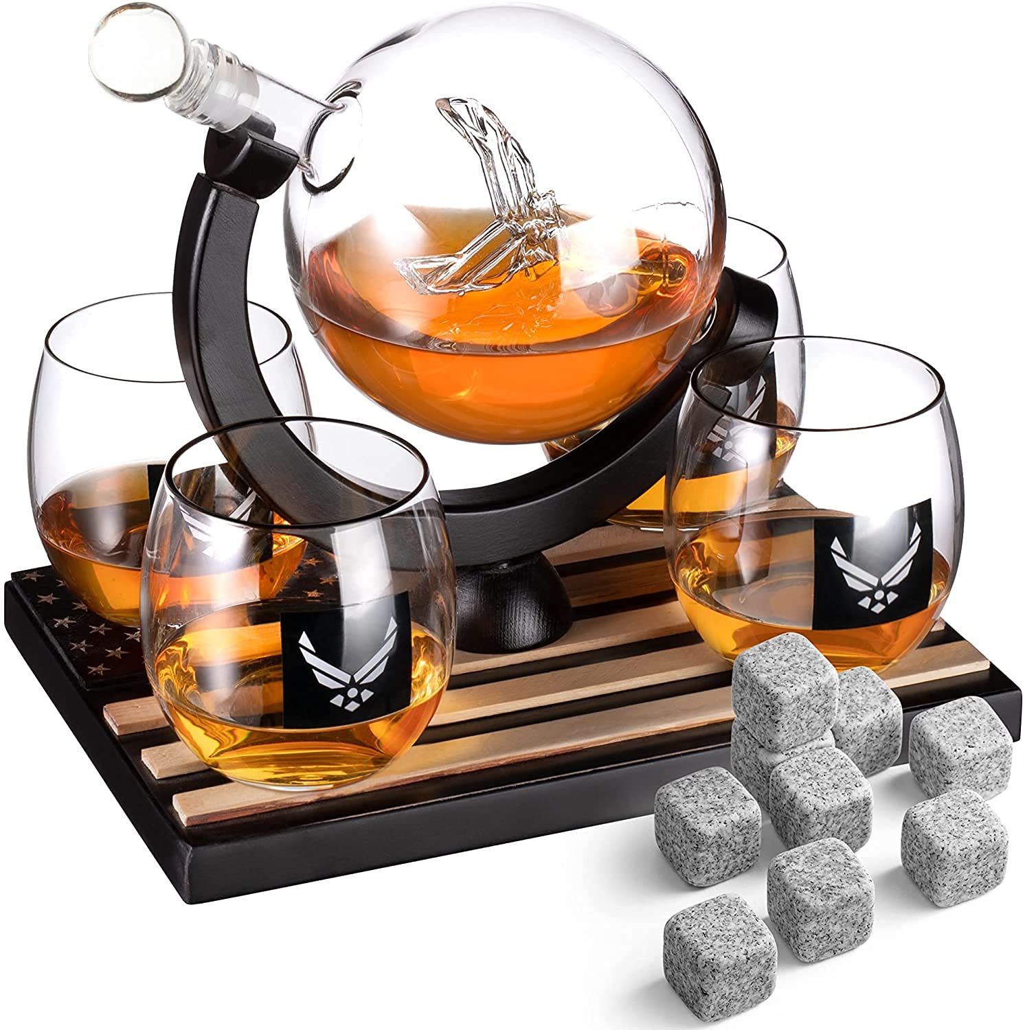 US Air Force Whiskey Decanter Set with 4 Glasses & 9 Whiskey Stones - Wooden Base Bourbon Scotch Gift for Men, Dad, Him - Perfect for Home Bars, Man Caves & Military Themed Parties