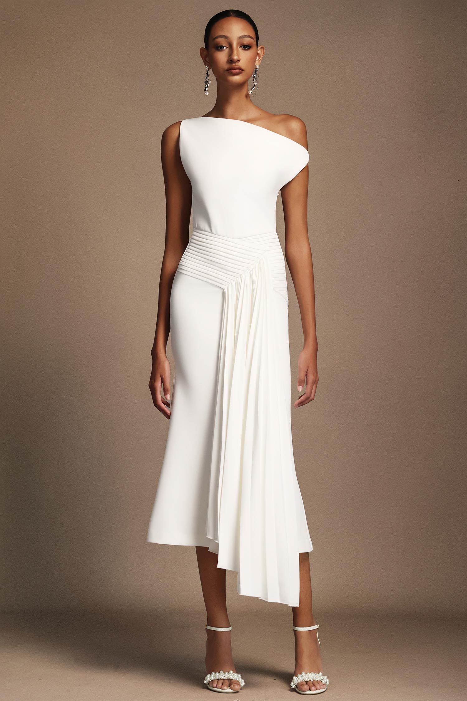 Paulina Oblique Shoulder Sleeveless Folds Midi Dress for Women - Elegant Party & Cocktail Dress for Evening Events, Weddings & Date Nights
