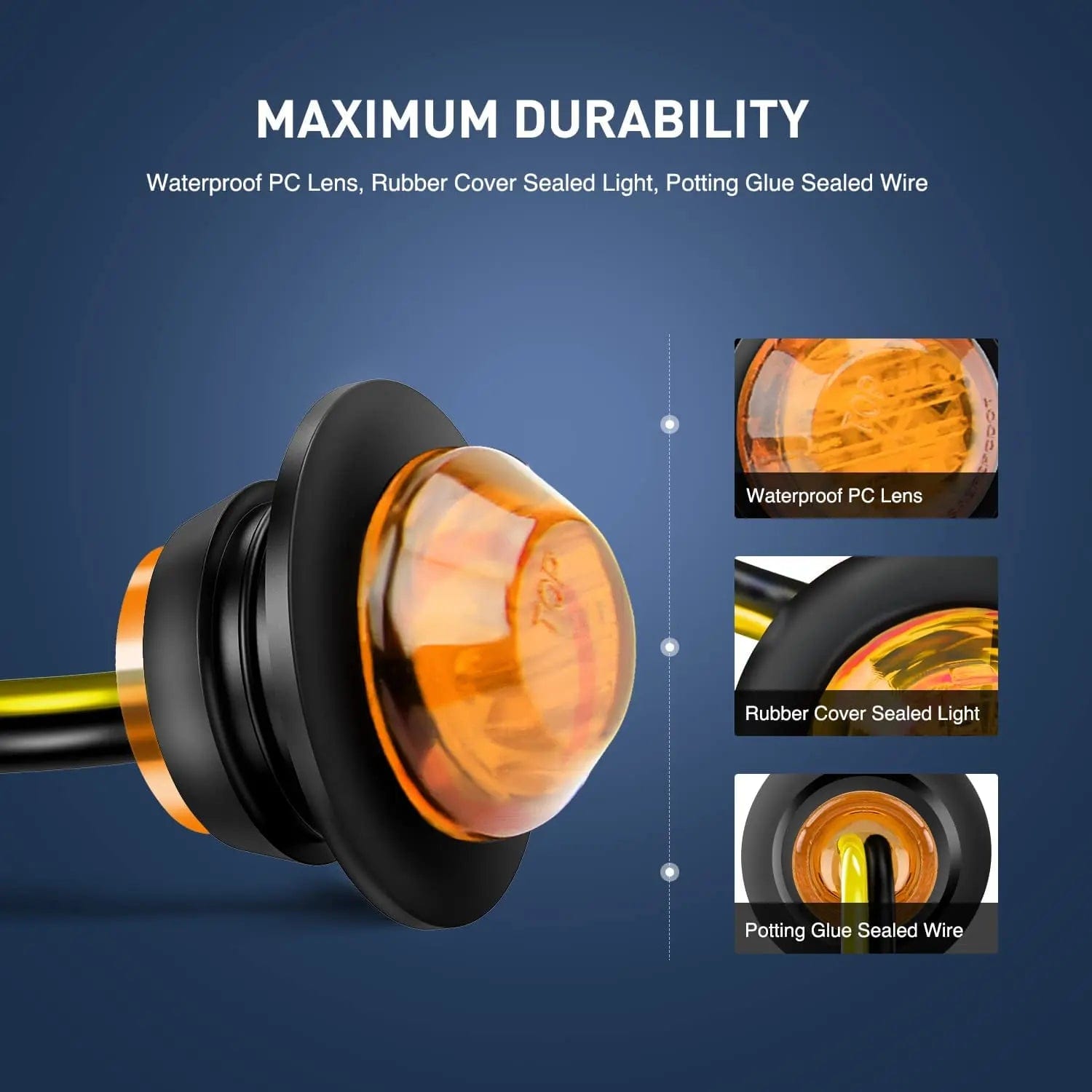 3/4 Inch Amber Round LED Marker Lights - 50 Pcs - Waterproof & Durable for Trucks, Trailers, Boats & Emergency Vehicles