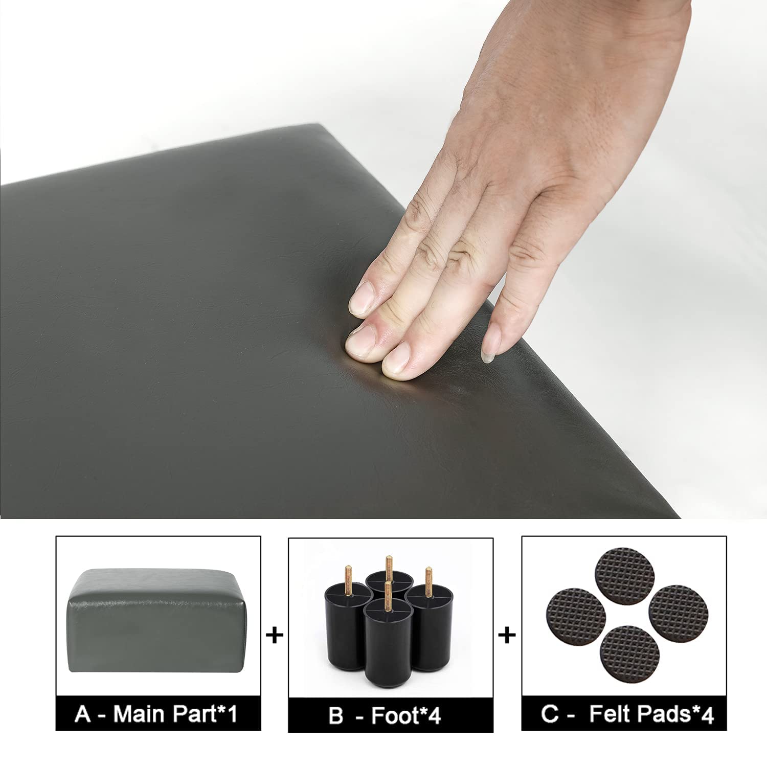 Joveco Small Square Faux Leather Foot Stool Ottoman - Adjustable Foot Rest for Couch, Office & Under Desk - Grey - Perfect for Home, Living Room & Workspace Comfort