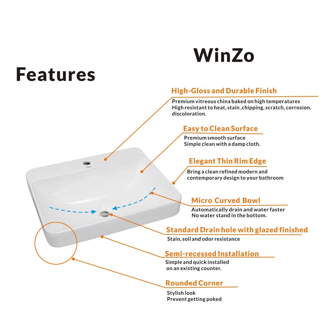 WinZo WZ6123D White Porcelain Rectangular Drop-in Bathroom Vessel Sink - Semi-Recessed Vanity Basin with Pop-Up Drain - Perfect for Modern Bathroom Renovations & Powder Room Upgrades