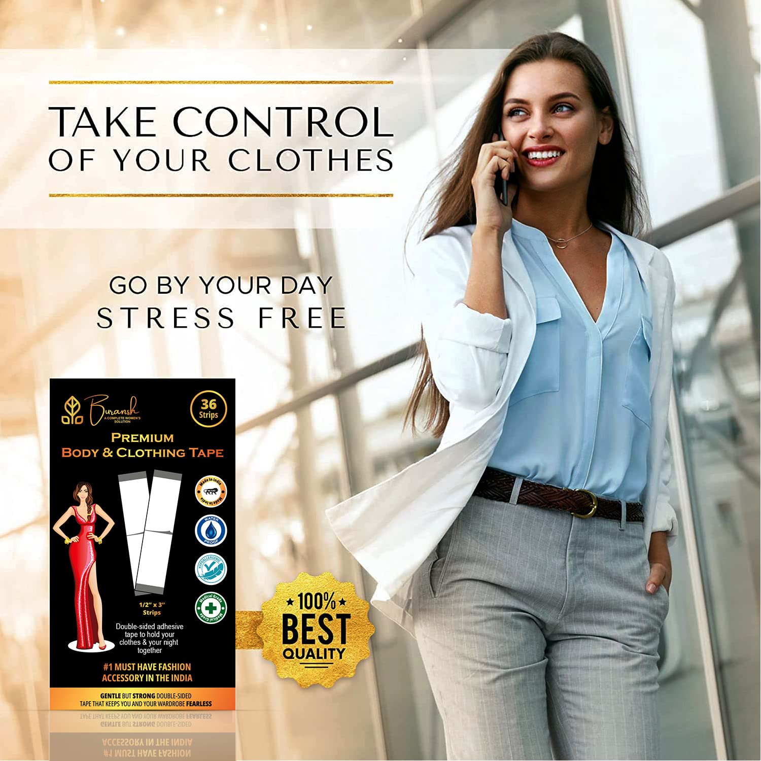 Buransh Double Sided Body Tape for Women - Strong & Clear Fashion Tape for All Skin Tones & Fabrics - Perfect for Dresses, Strapless Tops & Wardrobe Fixes