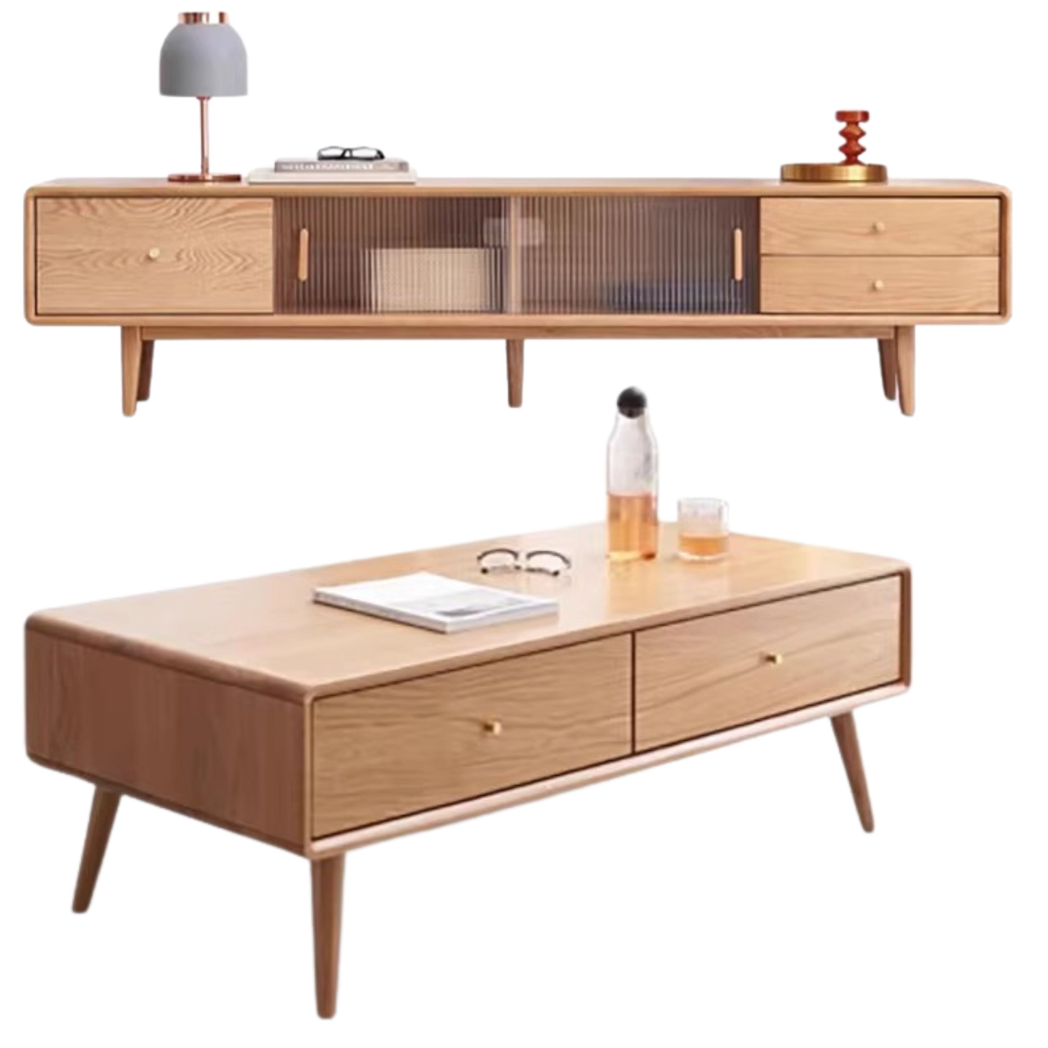 86.6x13.8x17.7 inch / 220x35x45сm / Natural Wood Color/Oak sliding door three drawer without light+1.35m coffee table WORLDWIDE SHIPPING 5-6 WEEKS