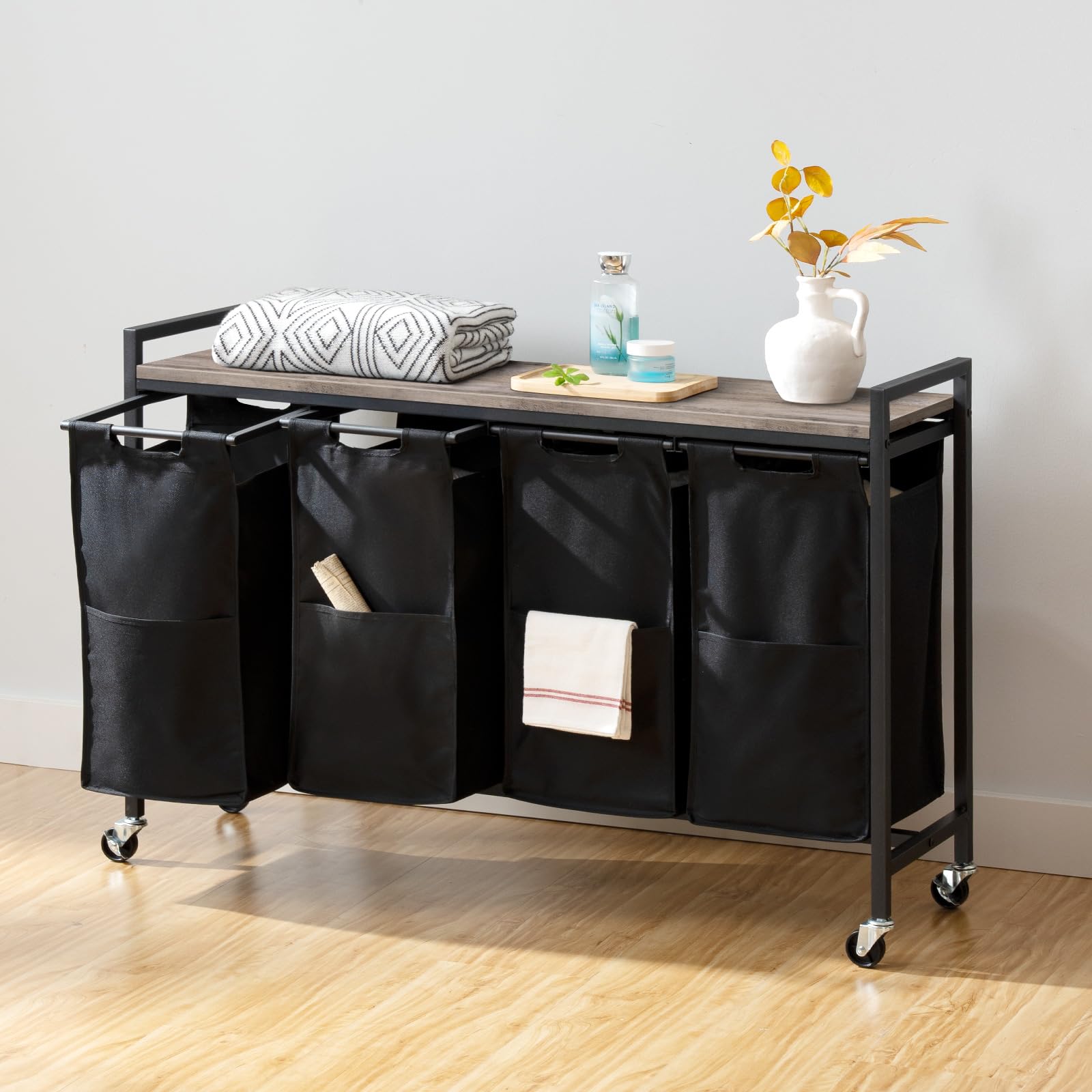 HOOBRO 4-Section Rolling Laundry Hamper with Wheels & Removable Oxford Fabric Bags - 39.8L (10.5 Gal Each) - Greige & Black BG04XY01 - Perfect for Laundry Room Organization, Small Spaces & Apartments