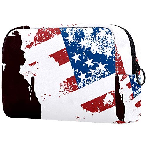 American Soldier & Flag Themed Makeup Bag - Waterproof Toiletry Pouch for Women | Travel Cosmetic Organizer | Skincare Essentials Case | Perfect for Military Appreciation & Patriotic Gifts