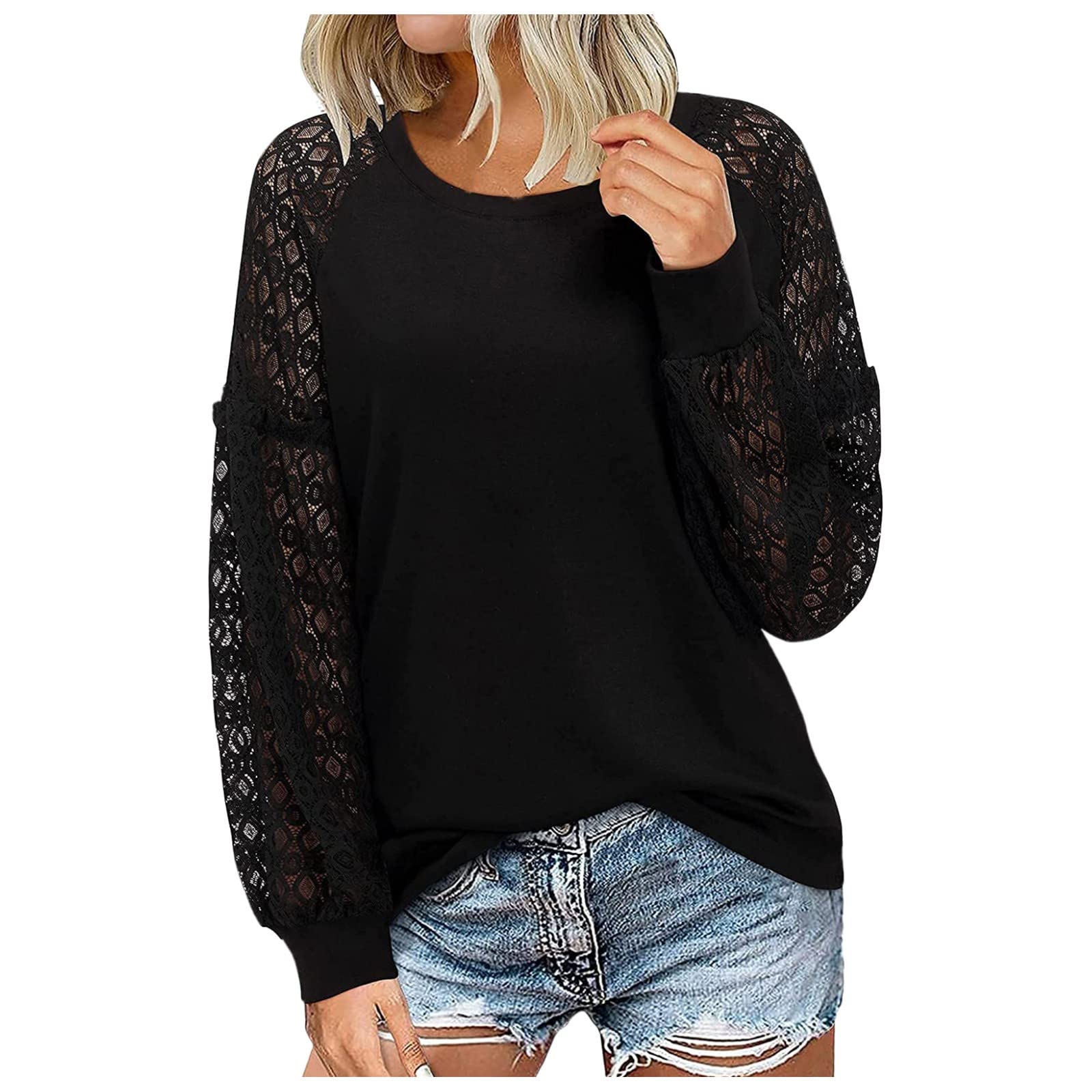 Women's Loose Fit Long Sleeve Lace Stitched O-Neck Sweater Top - Winter & Autumn Blouse for Casual Wear, Office Outfits, and Holiday Parties