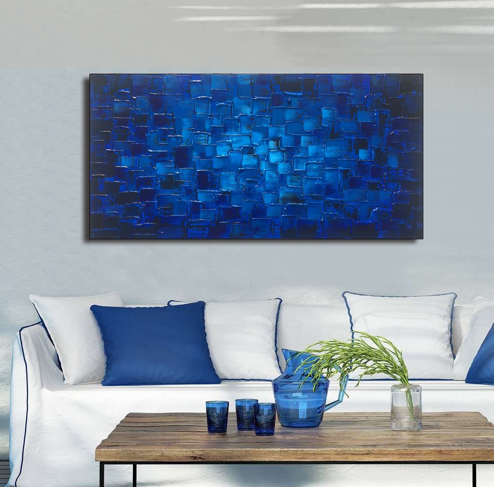 Large Abstract Dark Blue Square Wall Art - Hand Painted Textured Oil Painting on Canvas (60x30 inches) Ready to Hang - Perfect for Living Room, Bedroom & Office Decor