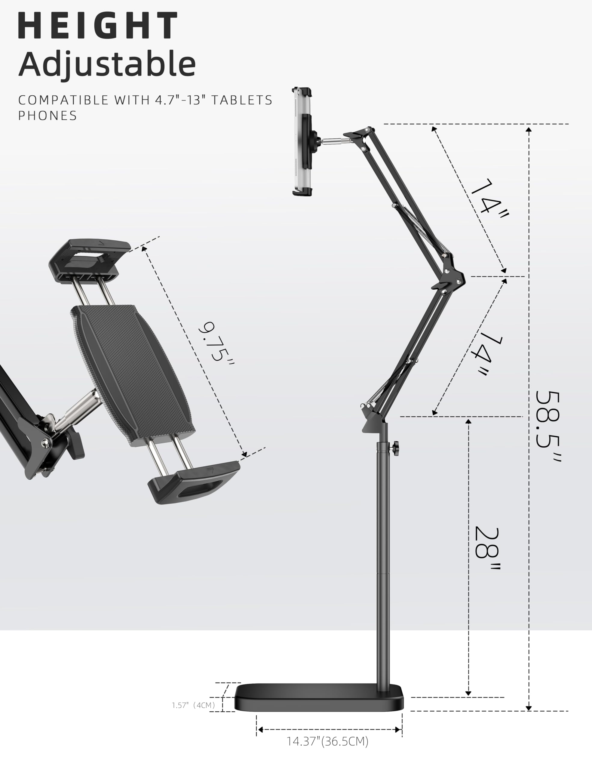 Adjustable Tablet Floor Stand with Heavy-Duty 11lb Base - Swivel & Height-Adjustable Arm Holder for iPad Pro/Air/Mini, Kindle, Galaxy Tab & Smartphones (4.7-13 inch) - Perfect for Home Office, Bedroom Reading & Hands-Free Video Calls
