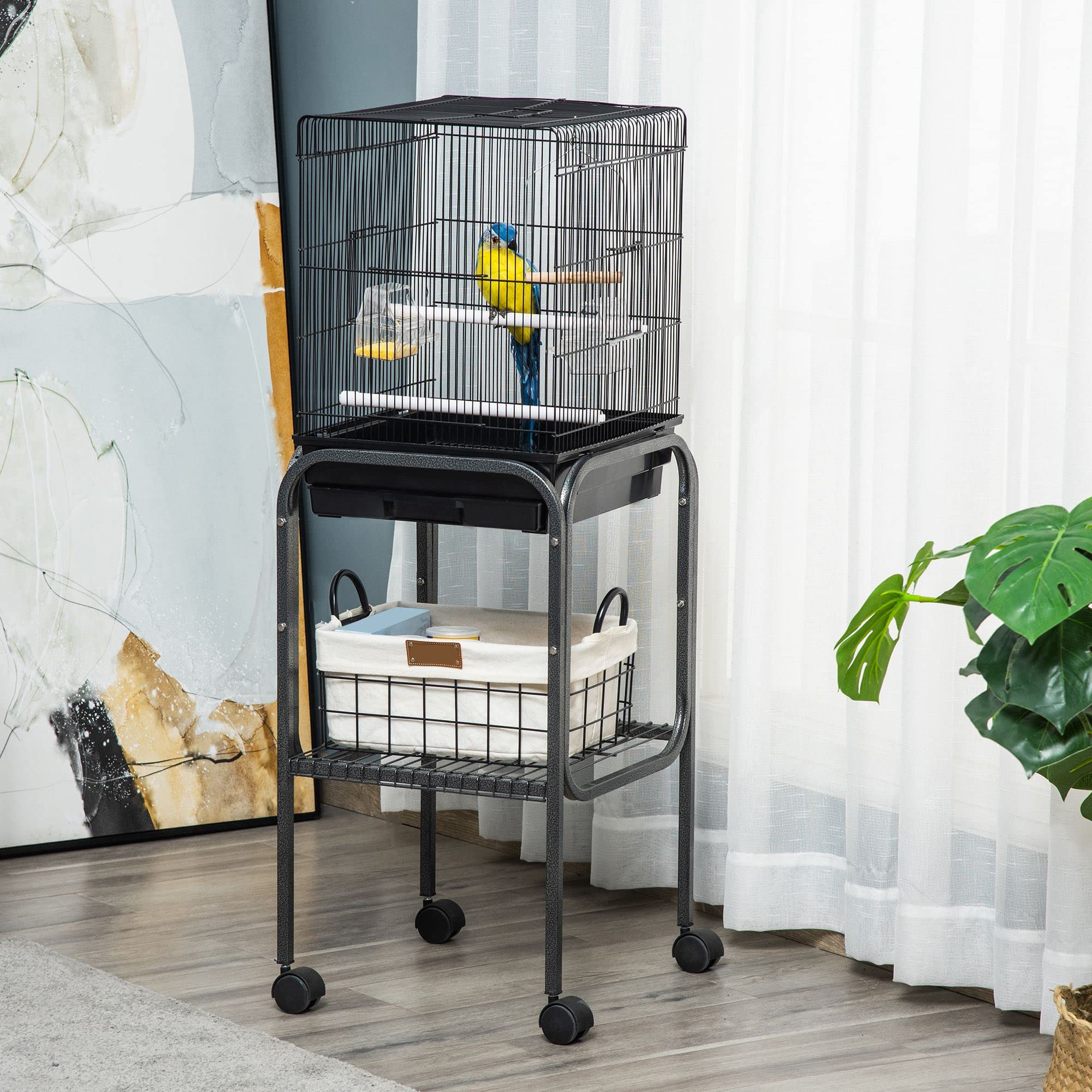 Pawhut 45-inch Black Metal Indoor Bird Cage - Large Parrot Cage with Detachable Rolling Stand, Storage Basket & Accessories | Perfect for Cockatiels, Parakeets & Small Birds - Home & Aviary Use