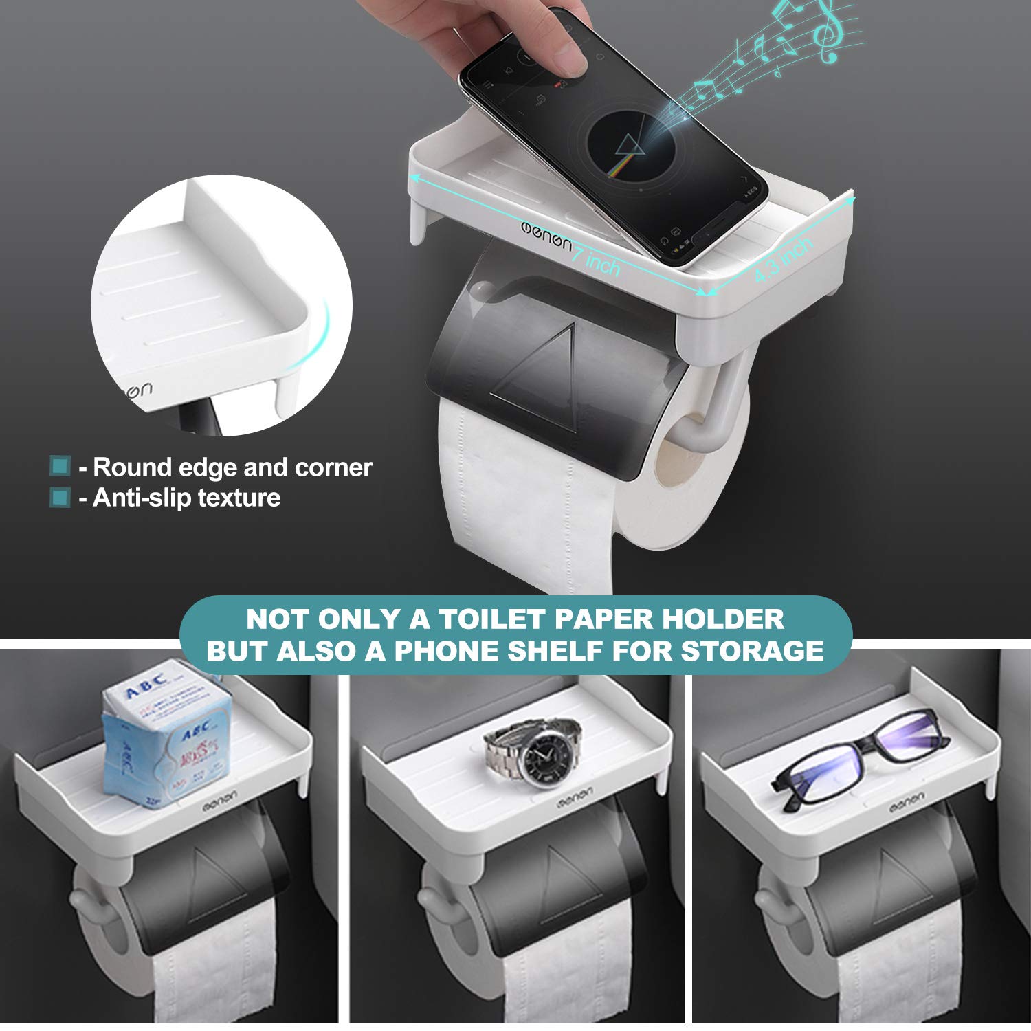 Self-Adhesive Toilet Paper Holder with Shelf - Wall Mount Bathroom & Kitchen Tissue Roll Dispenser - Space-Saving Storage for Small Bathrooms, RVs & Apartments