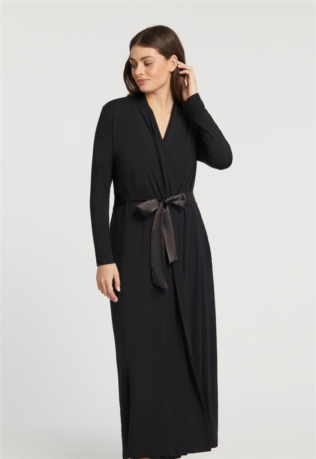 Elegant Long Black Robe for Women - Soft & Comfortable Loungewear for Home, Spa, and Relaxation