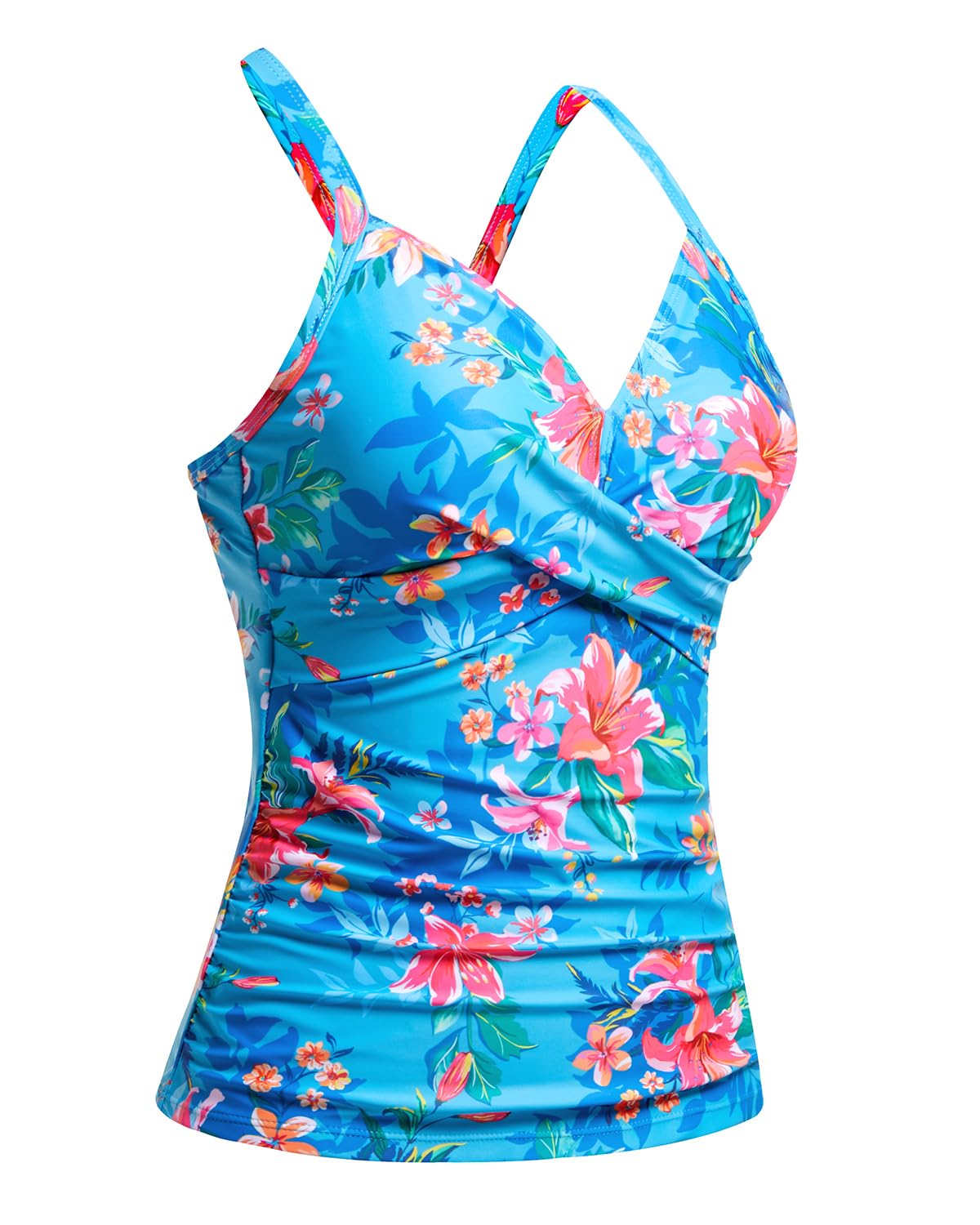 Women's Twist Front V-Neck Tankini Swim Top - Ruching Tummy Control Bathing Suit (No Bottom) | Perfect for Beach Vacations, Pool Parties & Summer Getaways