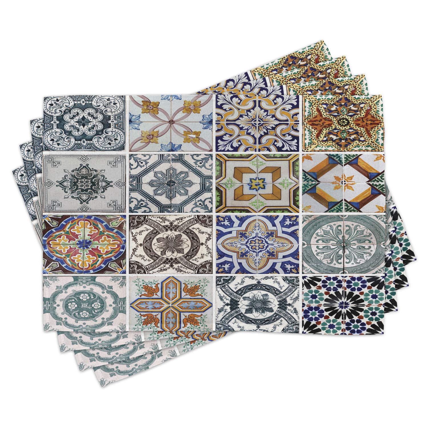 Lunarable Antique Place Mats Set of 4 - Classic Tiles Pattern Folkloric Art Patchwork Design - Washable Fabric Table Mats for Dining Room & Kitchen Decor (Blue White Green) - Perfect for Holiday Dinners, Family Gatherings & Elegant Table Settings