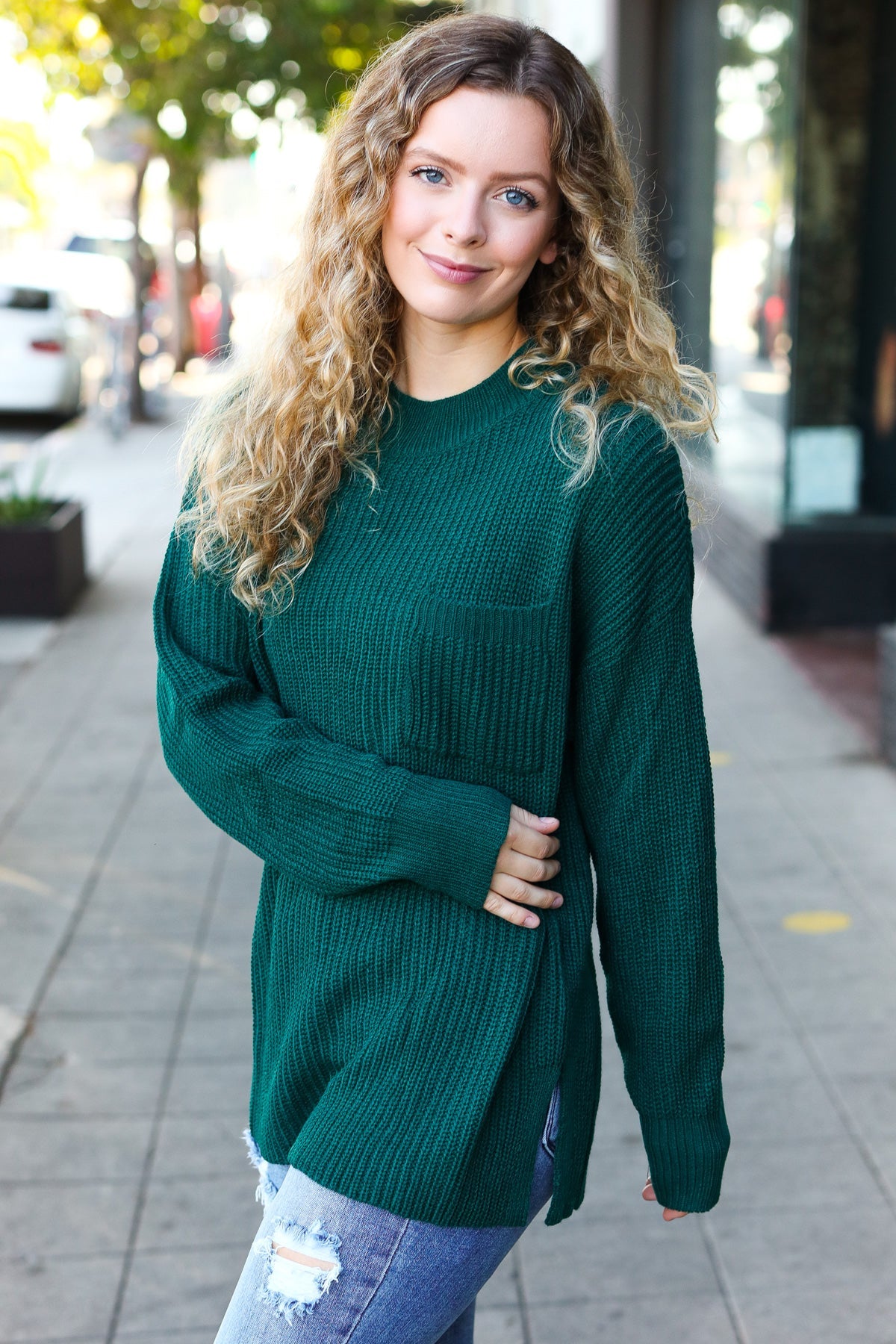 Stylish Hunter Green Mock Neck Knit Sweater with Chest Pocket - Cozy Winter Wear for Women | Perfect for Casual Outings & Office Attire